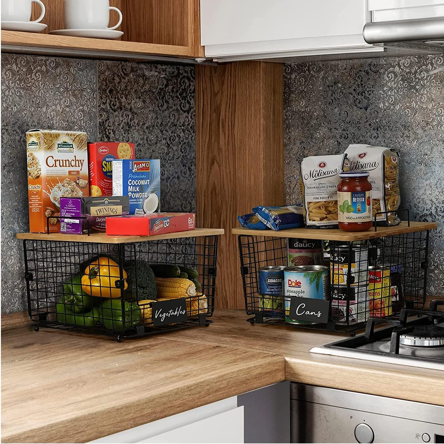 BYUNER Kitchen Counter Basket with Bamboo Top Potato Storage Pantry Cabinet Organization Countertop Organizer Fruit Vegetable Bread Wire Basket Cabinet Pantry Storage 2Pcs image number 1