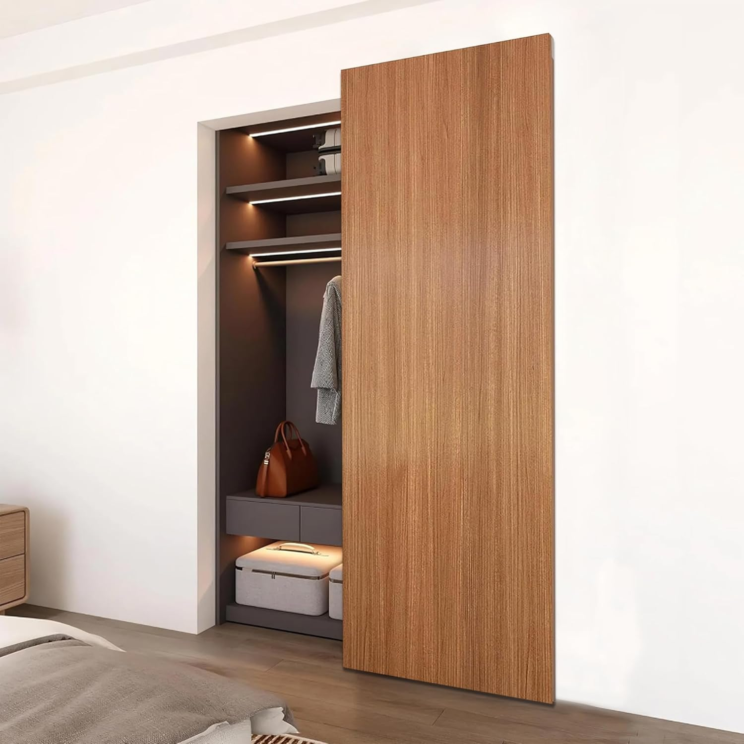 JUBEST 32" Concealed Barn Door Hardware Kit with Soft Close Mechanism, Wall Mounted Invisible Sliding Door Track for Opening Width 24" to 28", Hidden Barn Door Hardware Kit, Door Needs Groove