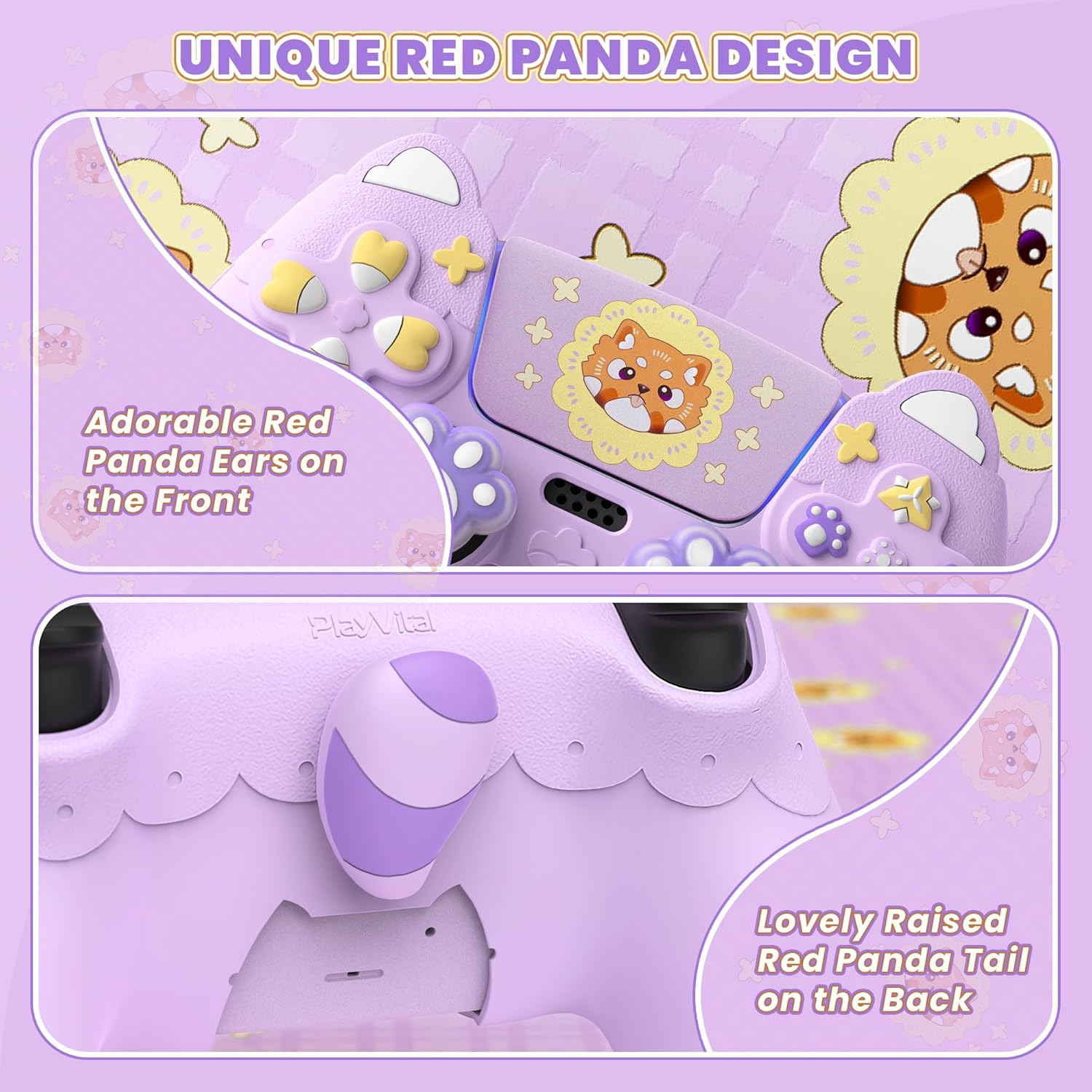 Playvital Cute Spring Lesser Panda Silicone Cover for Ps5 Controller with Joystick Cap and Sticker, Anti-Grip Shockproof Skin, Compatible with Charging Station, Taro Purple