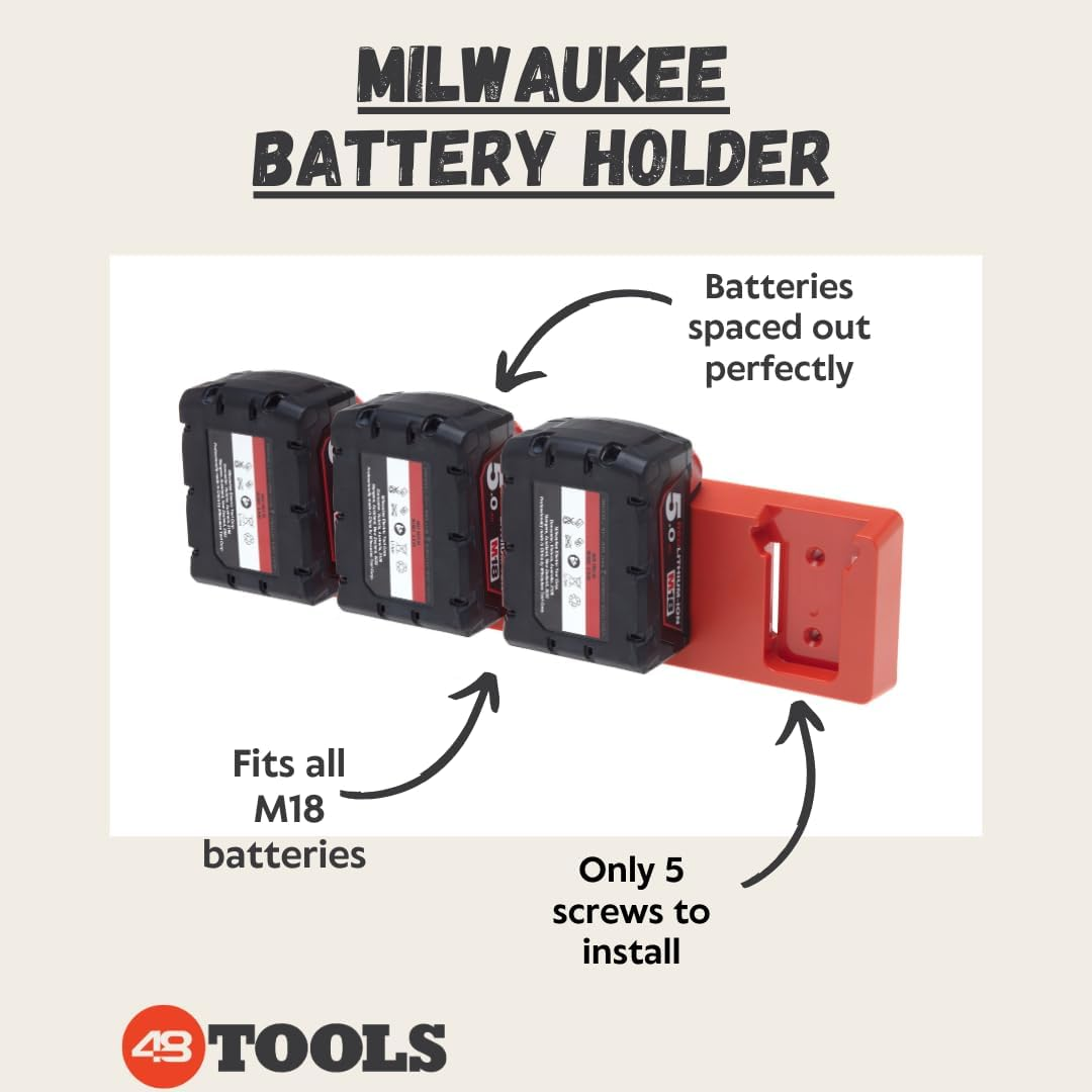 48 Tools Milwaukee M18 18V Battery Wall Storage Mount - Durable ABS, Easy Install, 4-Bay Holder for Workshop, Trailer, Van