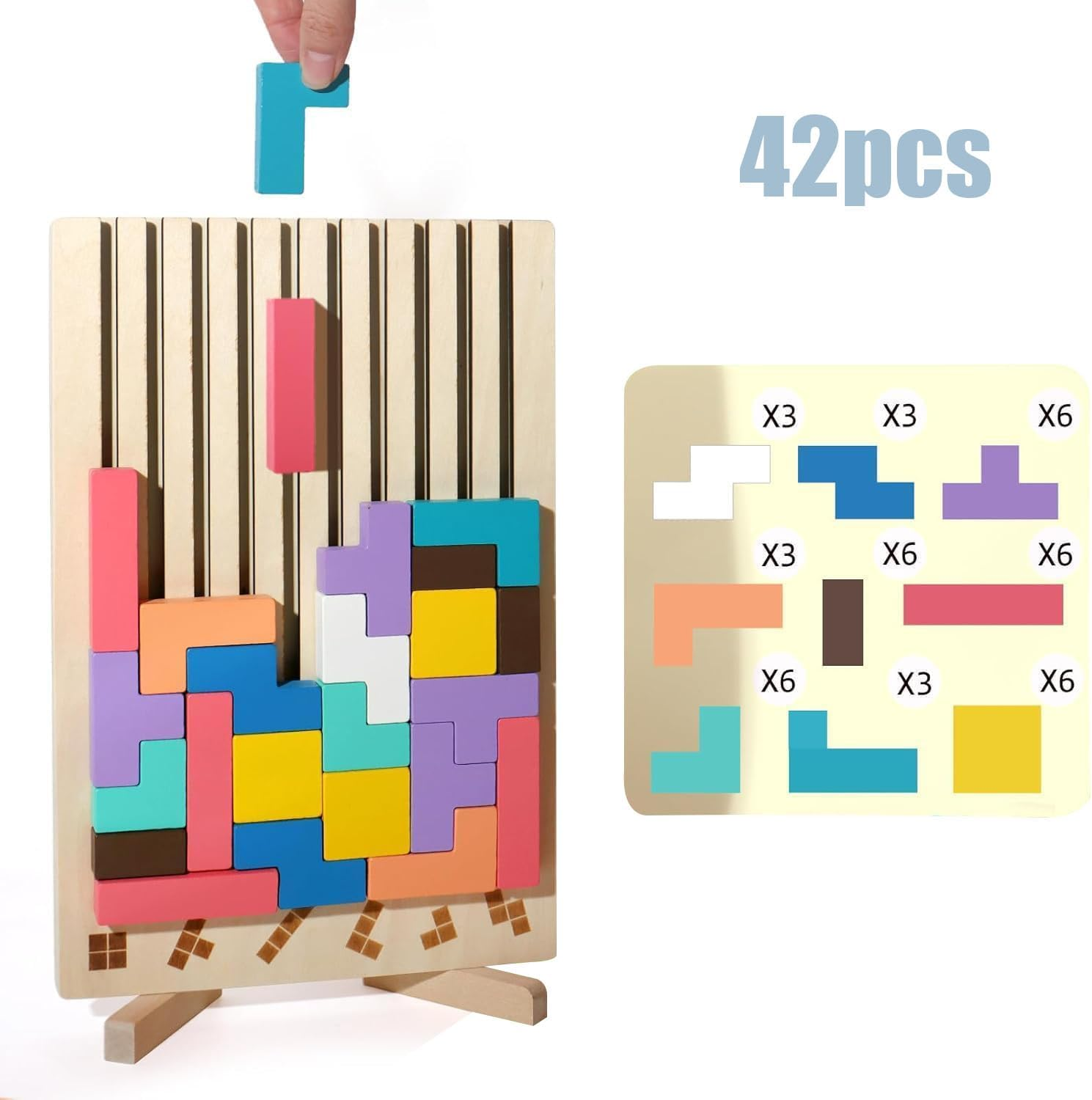 Wooden Stacking Puzzle Toy Tetris, 3D Wooden Puzzle Montessori Toy Art, Giant Board Game, Wood Stacking Blocks Stress Toys for Family Easter Activity, Home Decor (1Pcs) image number 1