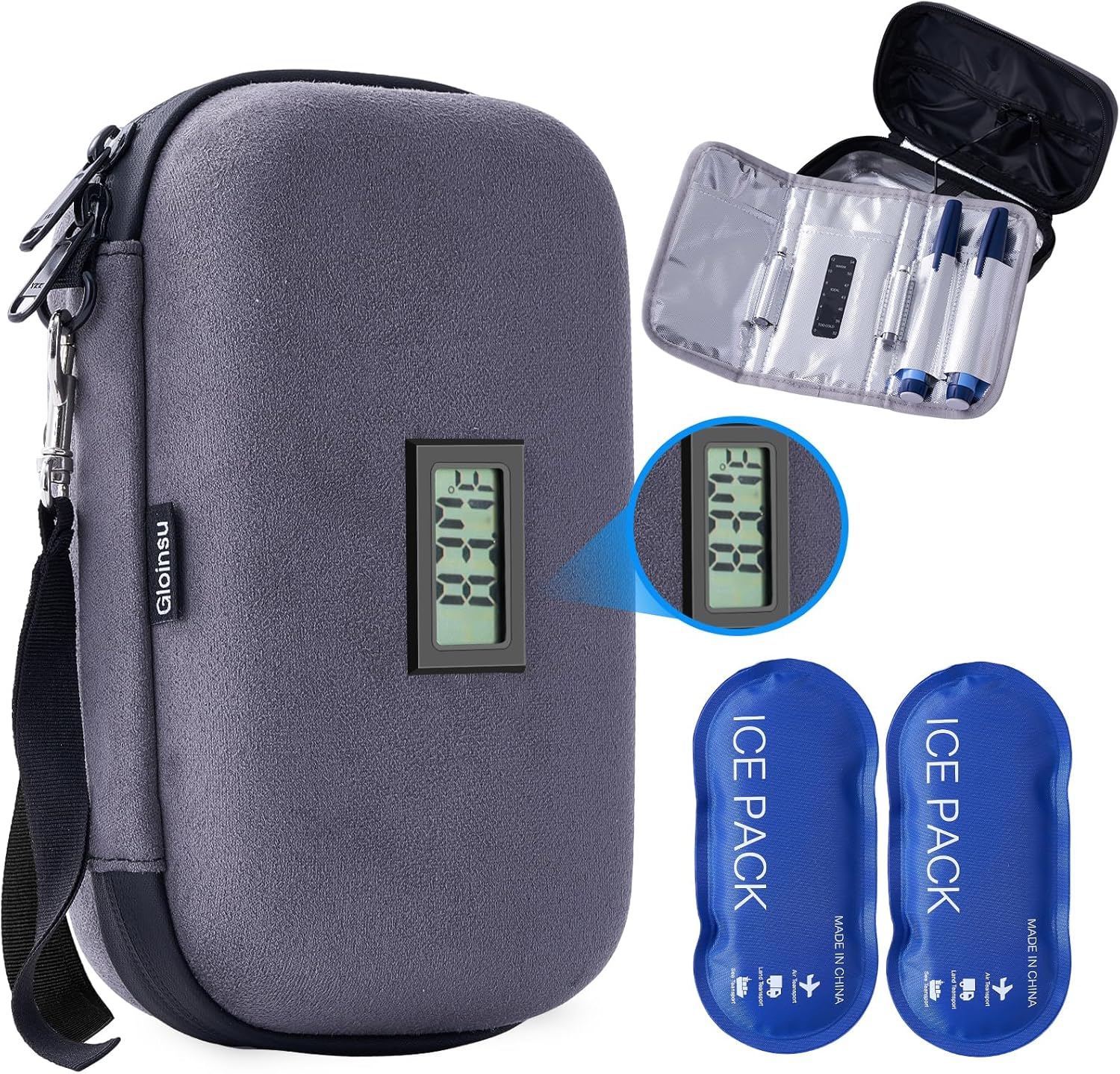 Gloinsu 24H Insulin Cooler Travel Alcantara Case TSA Approved - Medication Diabetic Cooler with Thermometer Temperature Display | Refrigerated Medicine Organizer Bag with 2 Ice Packs for Travel image number 3