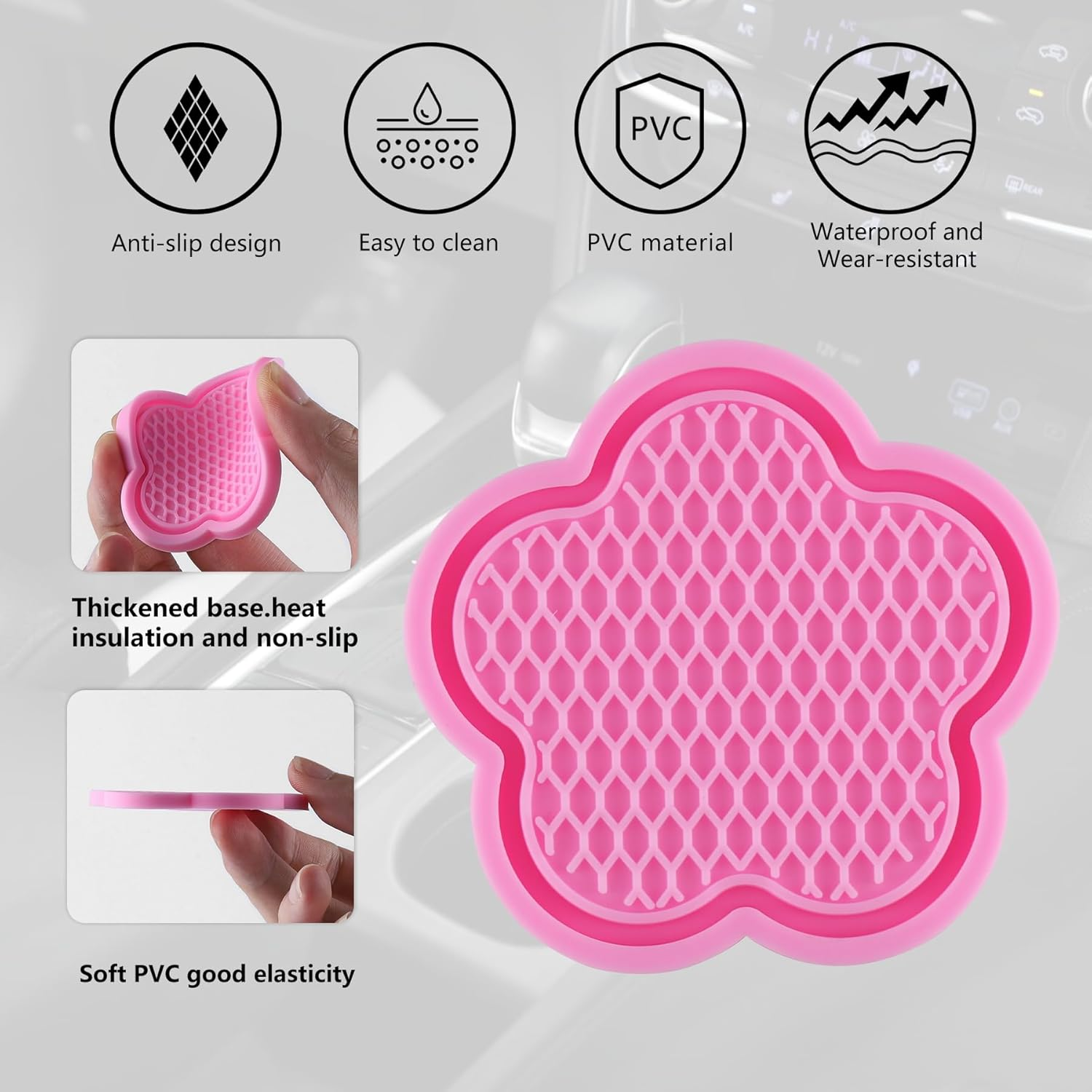 Garhomxy Car Cup Coaster, 4Pcs Universal Non-Slip Cup Holder Coaster, PVC Flower Shaped Car Cup Holder Coaster, Crystal Car Accessories Interior (Pink) image number 2