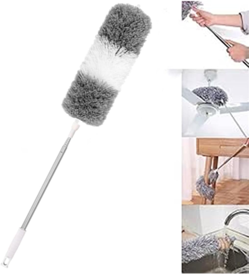 XXWZJH Microfiber Feather Duster,30-100 Inches Extra Long Cobweb Cleaner, Bendable Head, Non-Scratch, Washable for Ceiling, Fan,With Extendable Pole (Grey)