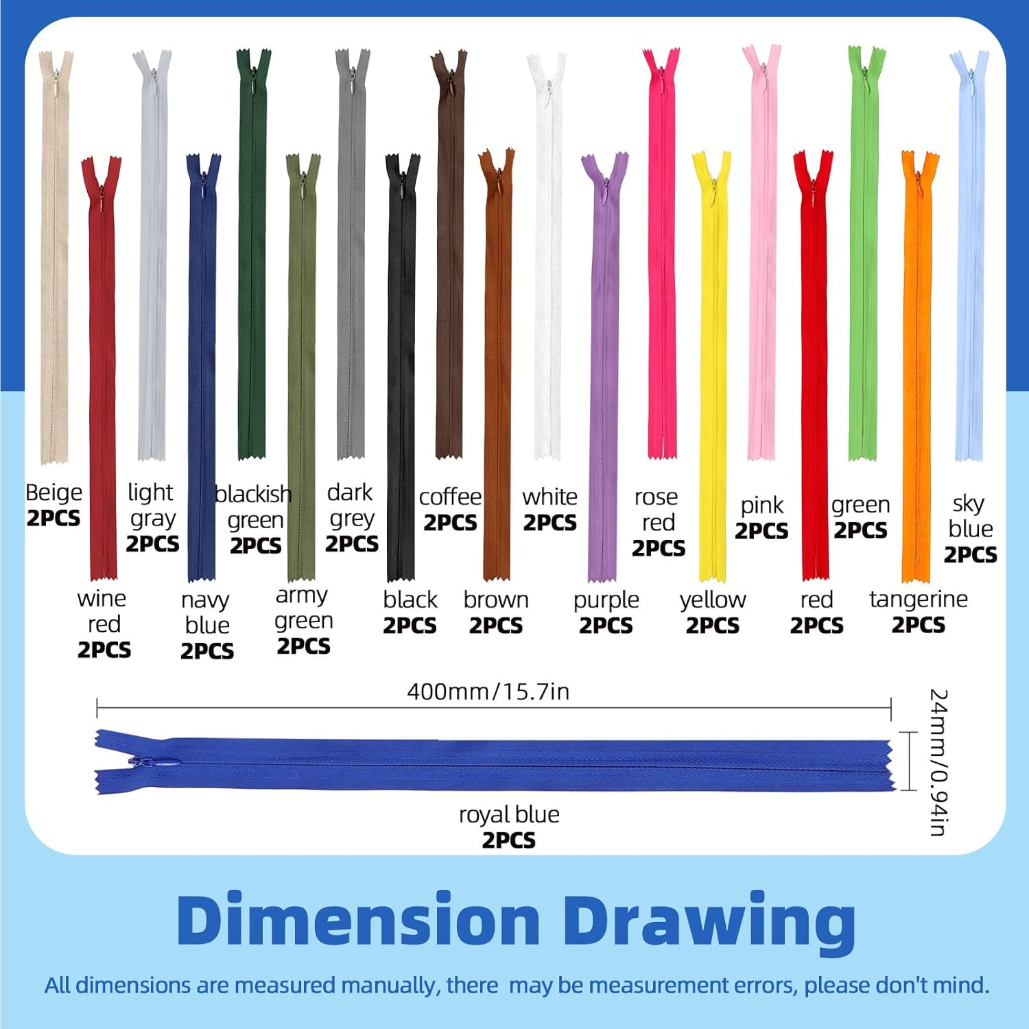 Glarks 22Pcs 40Cm Nylon Invisible Zippers, 20 Colors Nylon Invisible Zipper Bulk, Colorful Conceal Zippers, Crafts Hidden Zippers, Invisible Nylon Coil Zippers with Tools for Sewing Craft image number 1