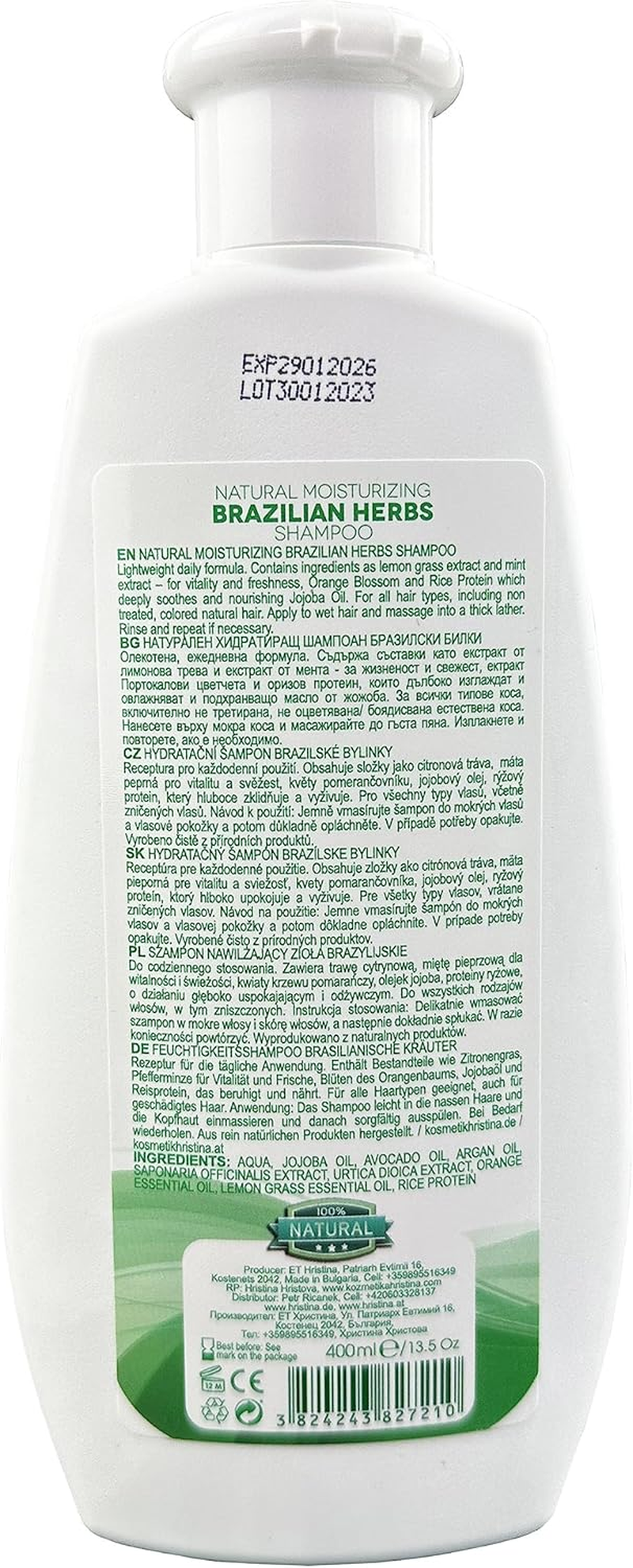 100% Natural Brazilian Herbal Shampoo with Argan Oil, Orange Oil, Lemongrass Oil and Rosemary Moisturising, Stimulating and Thickening Herbal Essences Unique Freshness 400Ml