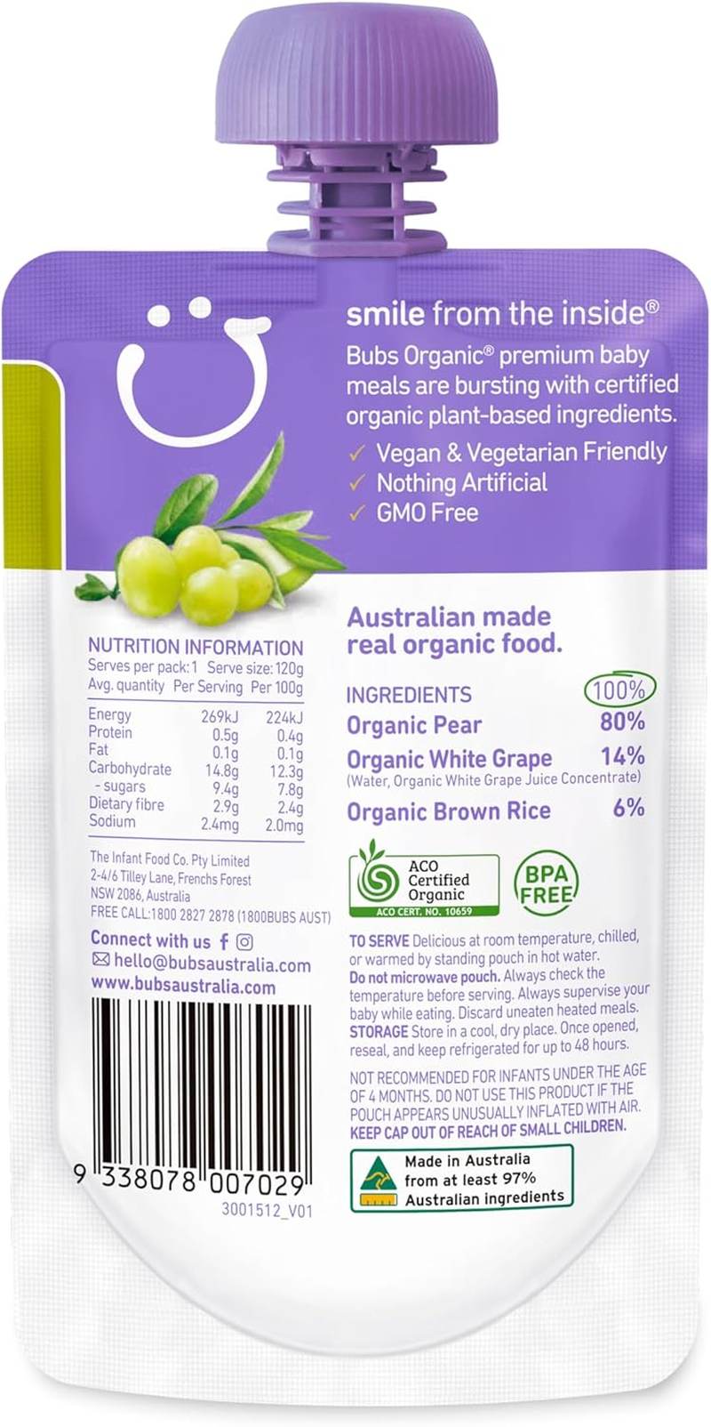Bubs Organic Pear & White Grape Pouch, 4+ Months Baby Food, Fruit Puree Snack, 120G (Pack of 6 Pouches) image number 4