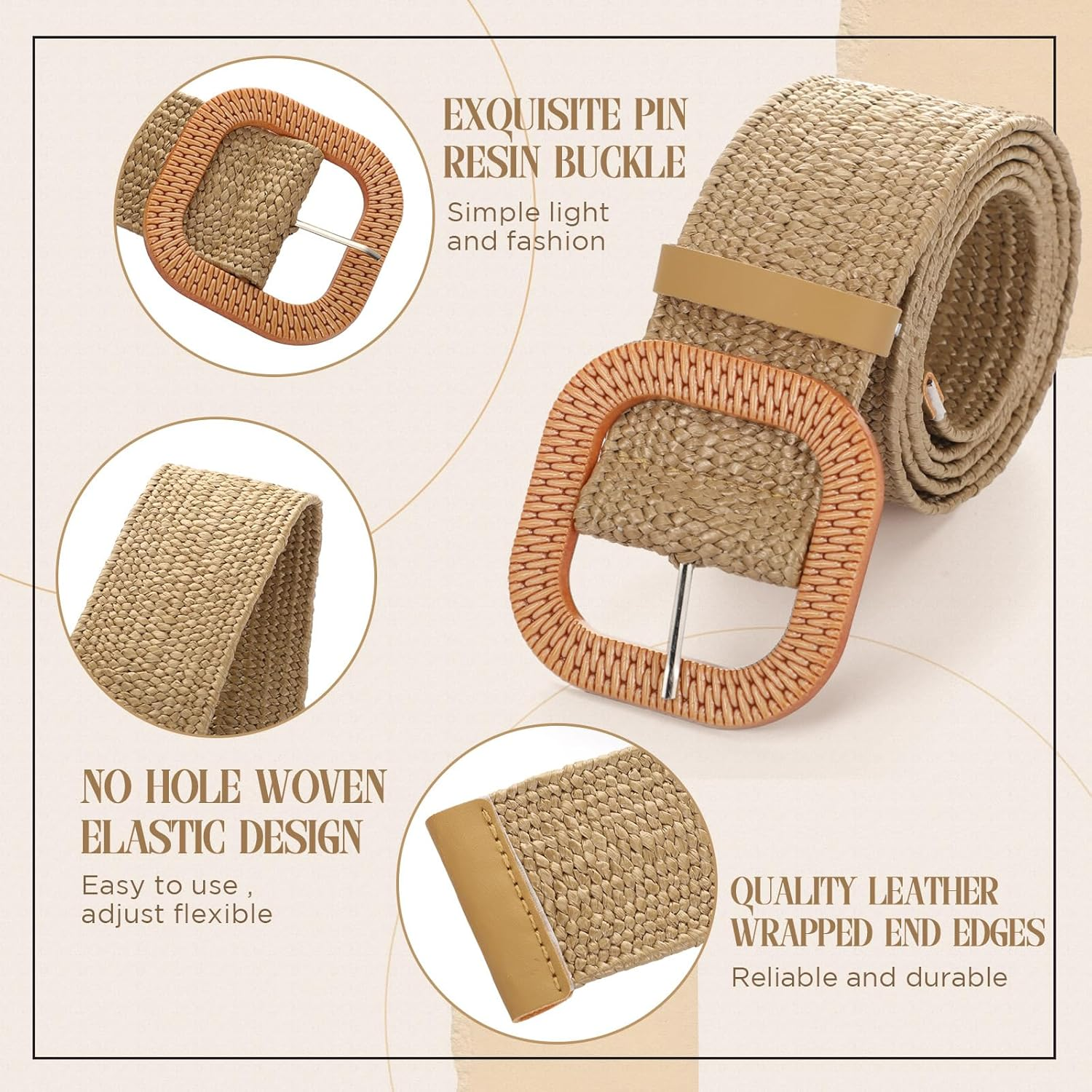 Syhood Women Straw Woven Belt Elastic Rattan Waist Belt Stretch Boho Dress Braided Belt Raffia Belt with Wood Buckle for Girl - Purple image number 2