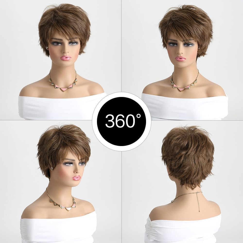AUBWIG Short Brown Wig Pixie Cut Curly Wavy Women'S Wig Soft Shaggy Tiered Full Synthetic (Brown #2) image number 6