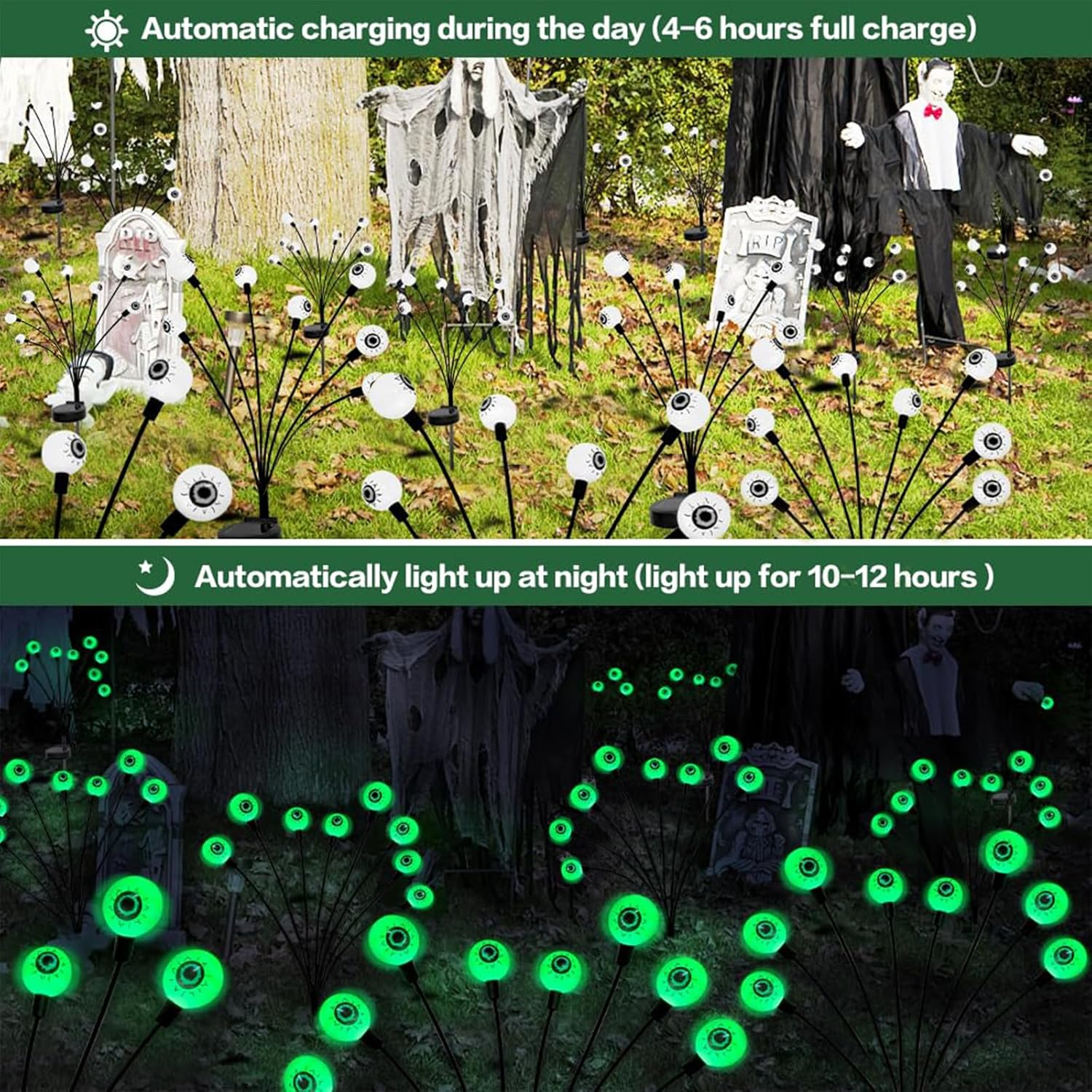 Harloon Halloween Decorations Outdoor Solar Scary Eyeball Lights, 2Packs 16LED Green Eyeball Swaying Firefly Lights, Waterproof Solar Halloween Path Lights for Yard Garden Lawn Party Decor image number 5