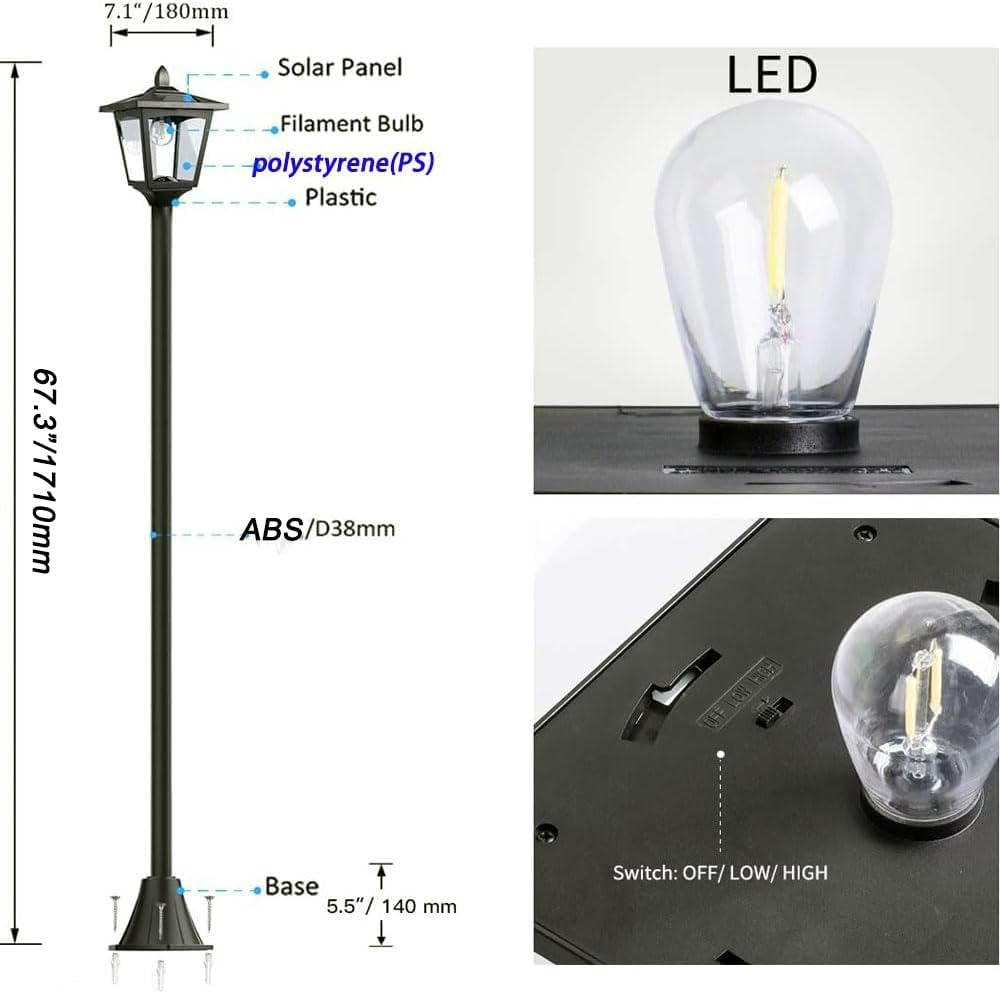 Yarratwo 174Cm Solar Lamp Post Lights Outdoor up to 220 Lumens for Garden, Lawn, Pathway, Driveway, Front/Back Door (2)