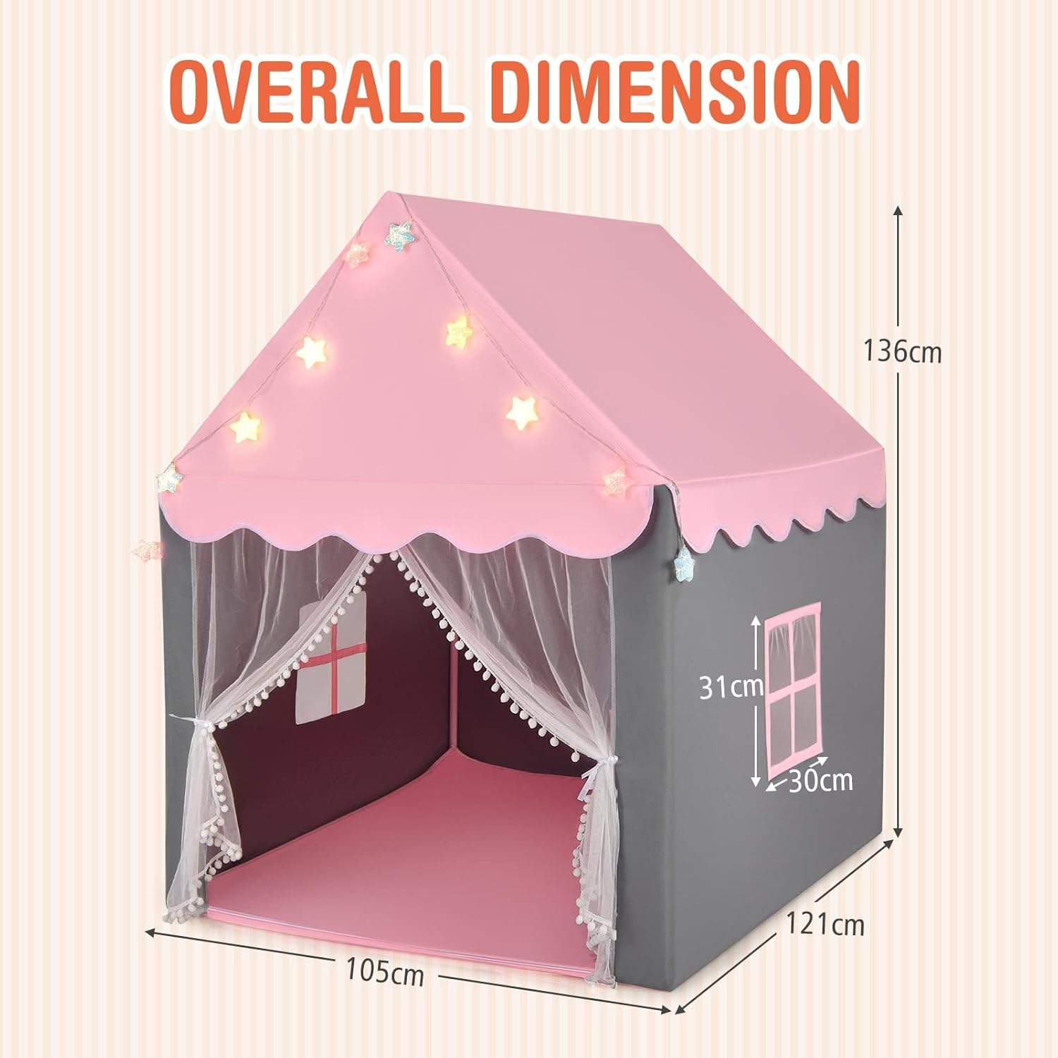 HONEY JOY Kids Play Tent, Large Playhouse with Star Ornaments, Washable Mat, Windows, Indoor Outdoor Princess Tent for Boys & Girls, Children Castle Fairy Tent, Holiday Birthday Gift (Pink) image number 1