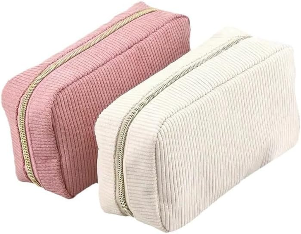 Corduroy Makeup Organizer, Cosmetic Travel Toiletry Set (2 Pieces in Pink and Beige) image number 3