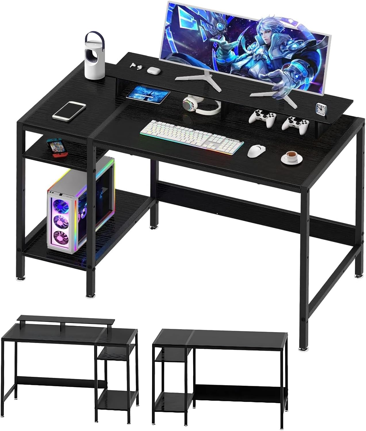 Computer Desk with Reversible Storage Shelves, Home Office Desk with Monitor Stand, Modern Simple Writing Table for Work Study Writing,100 * 45 * 76Cm, Black image number 3