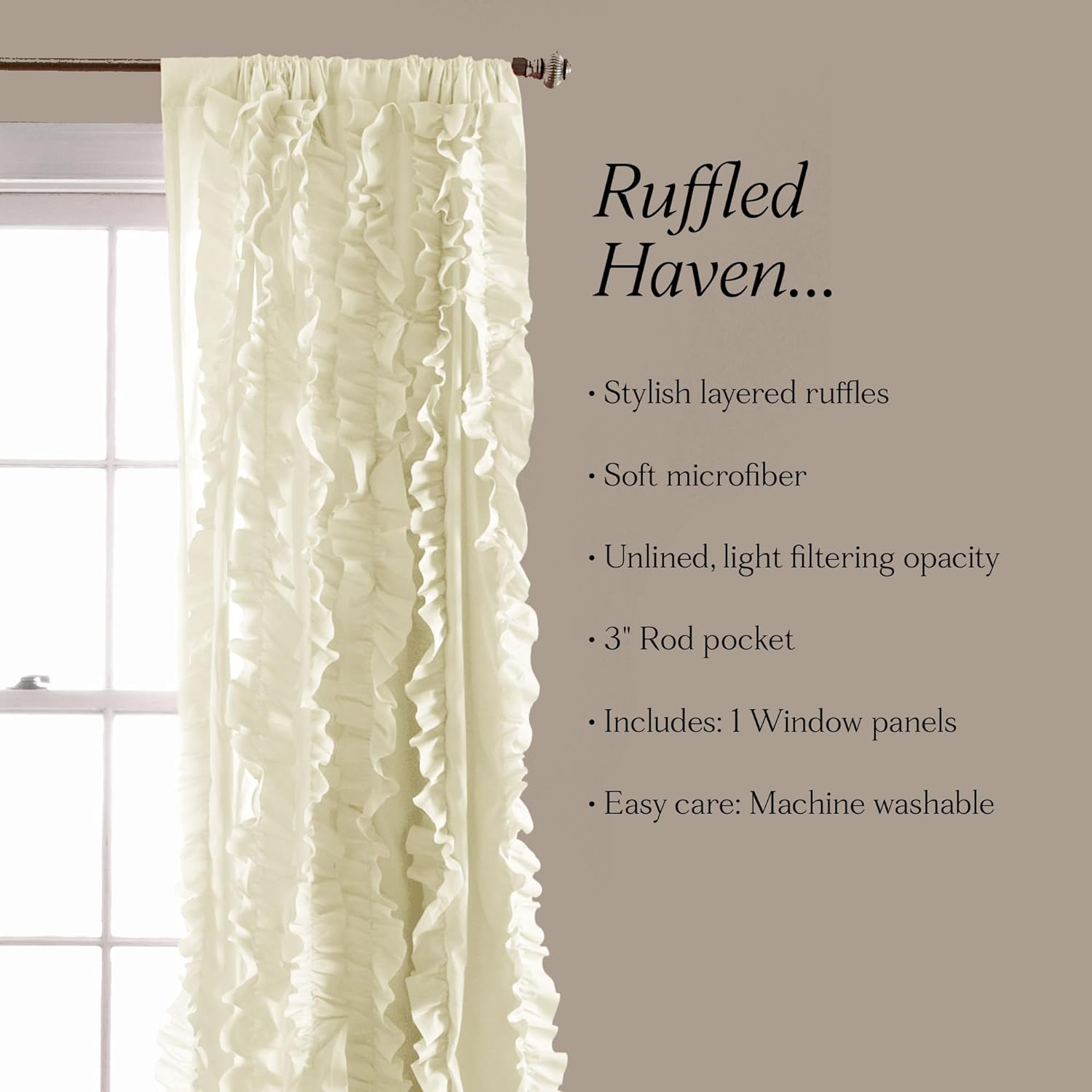 Lush Decor Belle Window Curtain Panel, Ivory, 1 Panel image number 1