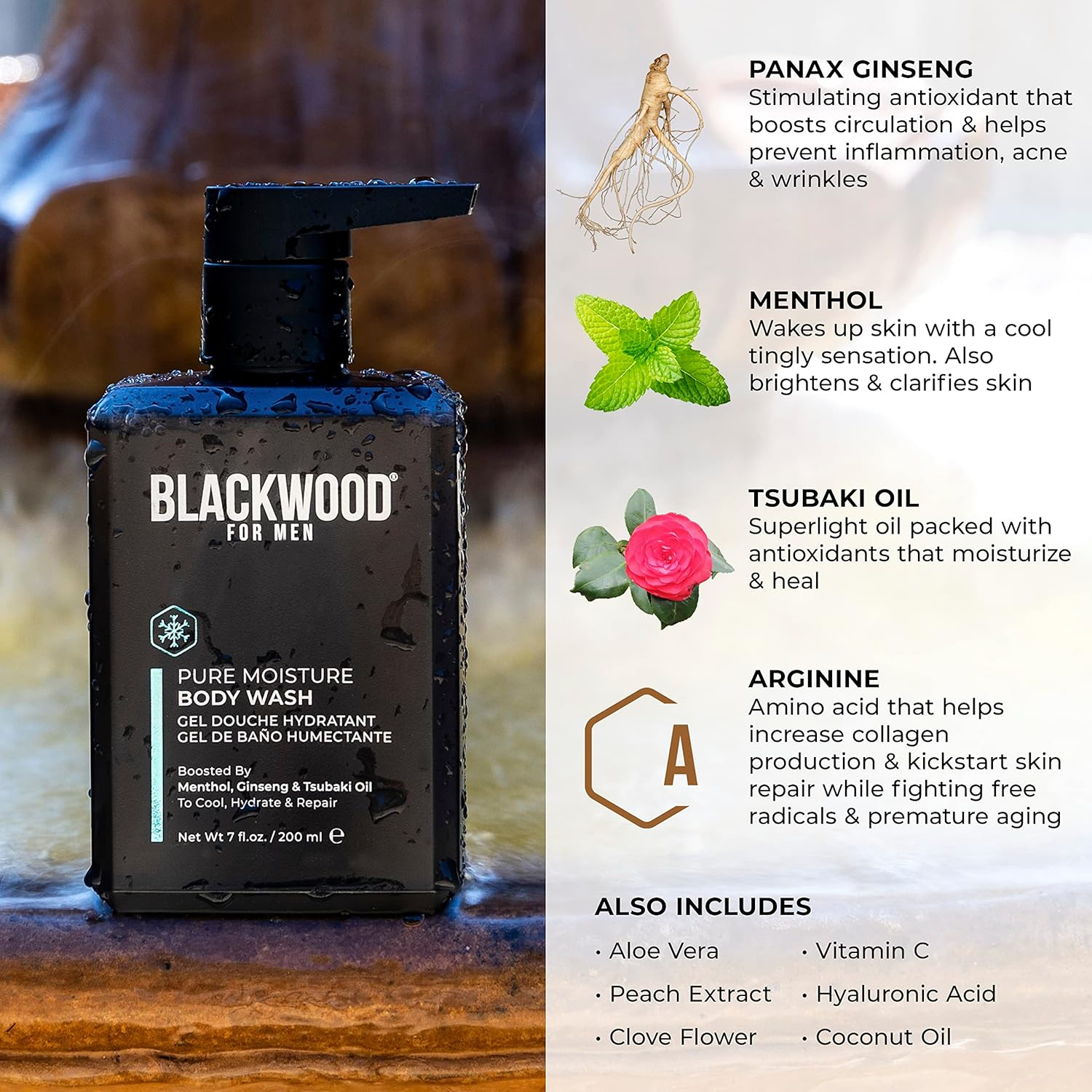 Blackwood for Men Pure Moisture Body Wash W/Pump | Men&rsquo;S Natural Gel Body Wash |Sulfate-Free for Dry Sensitive Skin | Ginseng + Cooling Menthol for Workout Recovery image number 1