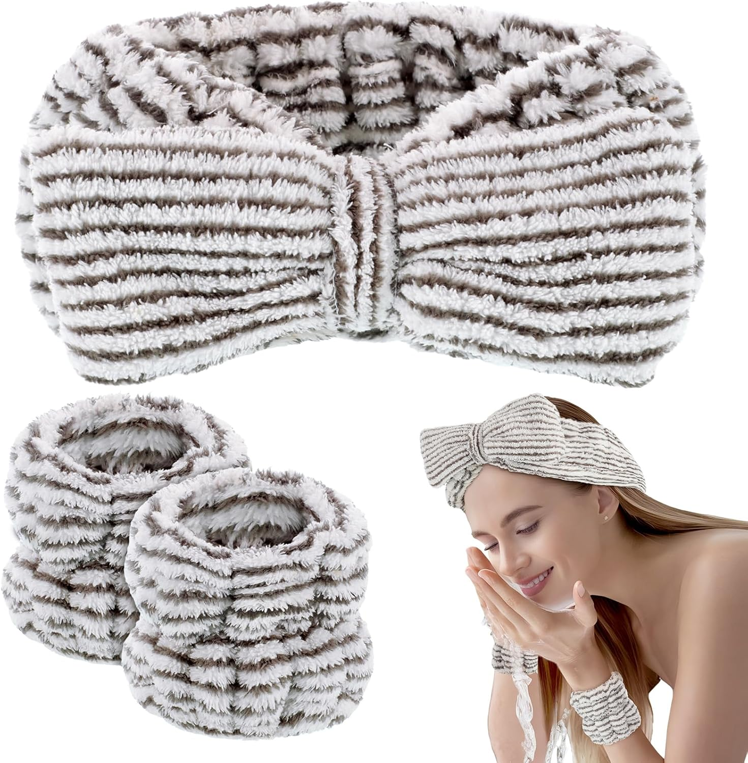 BESARME 3 Pieces Face Wash Headband and Wristband Set Soft Spa Headband and Wrist Towels for Women Makeup Skincare Headbands Wrist Bands for Washing Face(Light Coffee) - Light Coffee image number 5