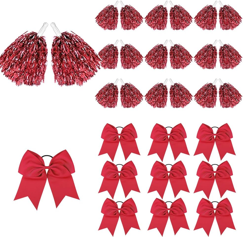 Cheerleader Pom Poms & Hair Accessories Set &mdash; 8-Inch Oversized Bow Hair Ties, DIY Handheld Flower Pom Poms, Cheer Bobbles & Hair Bows for Sports Teams, Dance Performances, Events （Red）