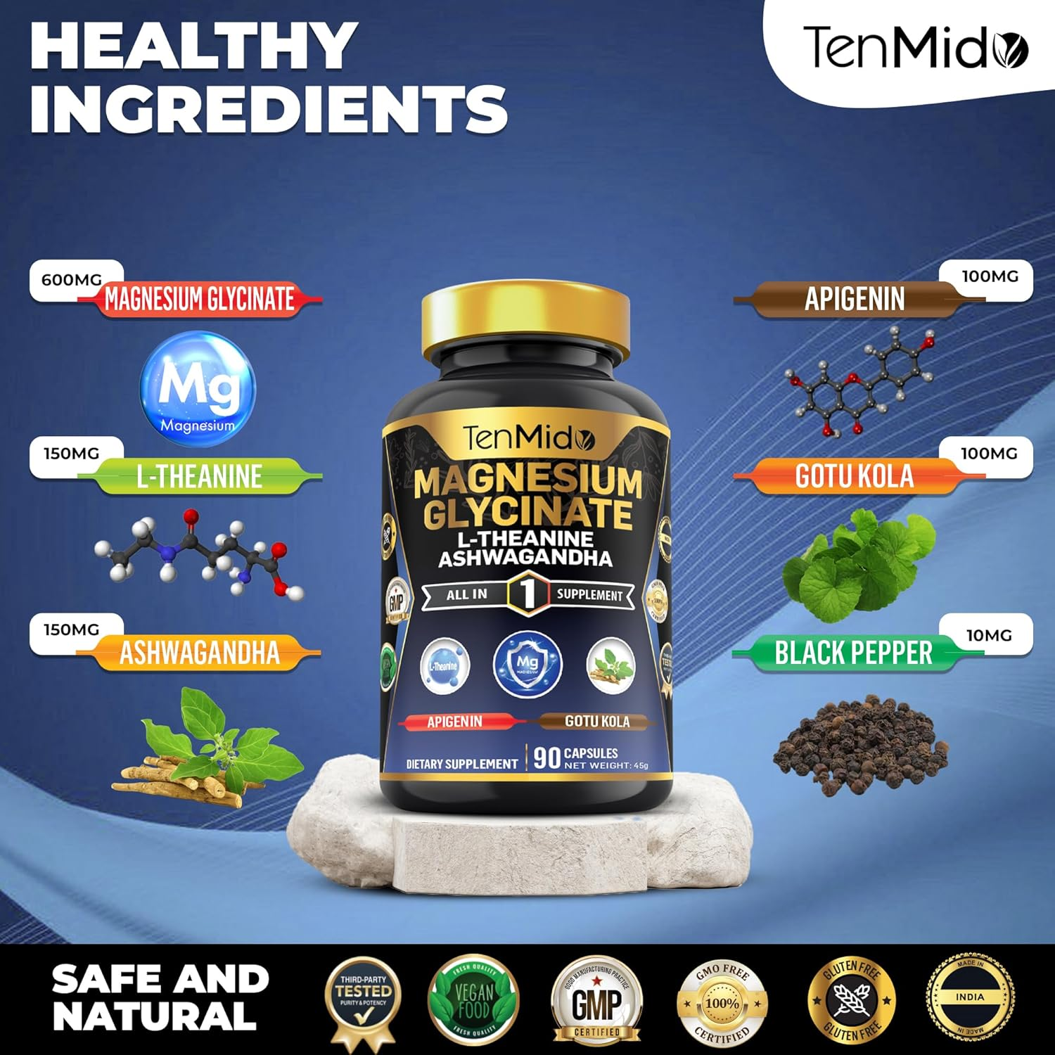 Tenmido Magnesium Glycinate Supplement - 6In1 with Ashwagandha, L-Theanine, Apigenin, Gotu Kola, and Black Pepper - 90 Vegan & Non-Gmo Capsules image number 5