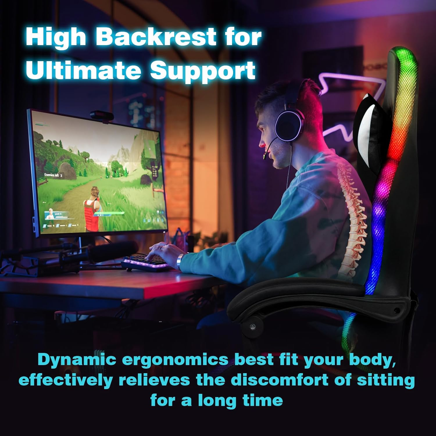 Ufurniture Gaming Office Chair RGB LED Lights,High Back Massagers Racing Recliner with Footrest,Ergonomic Executive Computer Chair with Lumbar Support,360&deg;Swivel,10Cm Height Adjustment Black & White - Full Black image number 3