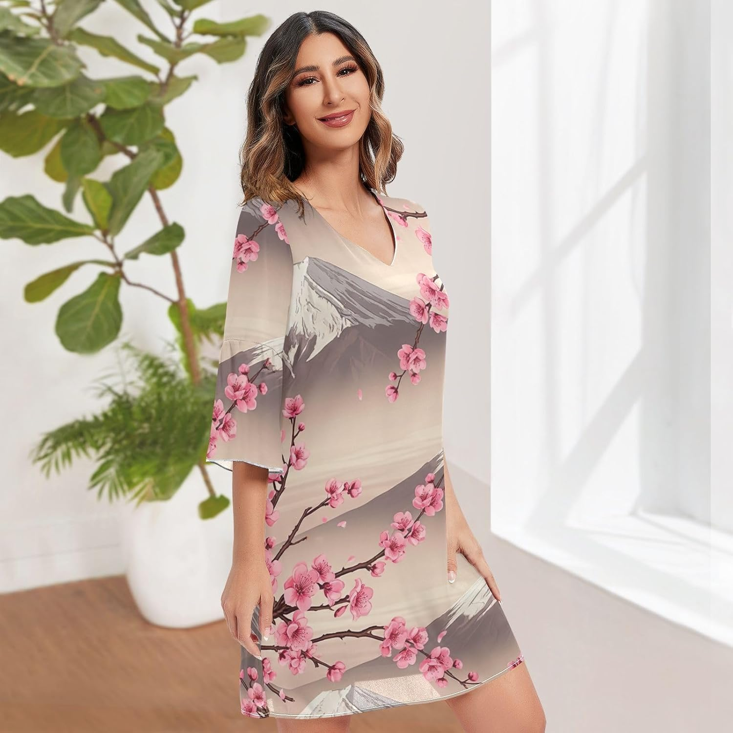 Japanese Pink Cherry Blossom Elegant V Neck Dress Printed Line Maternity Dress image number 2