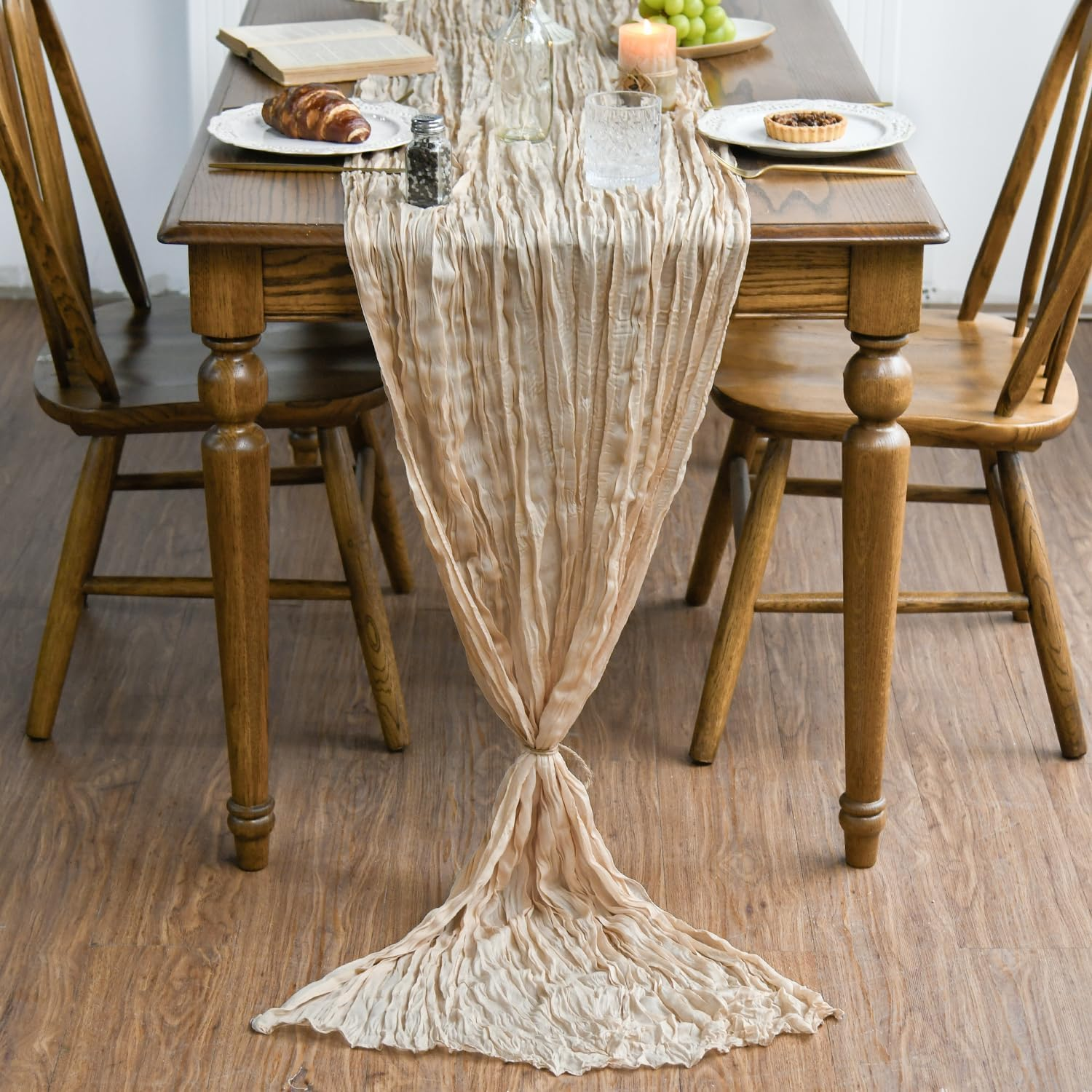 Usinynia 2 Packs Chiffon Table Runner Boho Cheesecloth Gauze Table Runners Wrinkle Boho Rustic Tablecloth for Wedding Valentines Party Romantic Table Decoration (Khaki,90X300Cm) image number 1