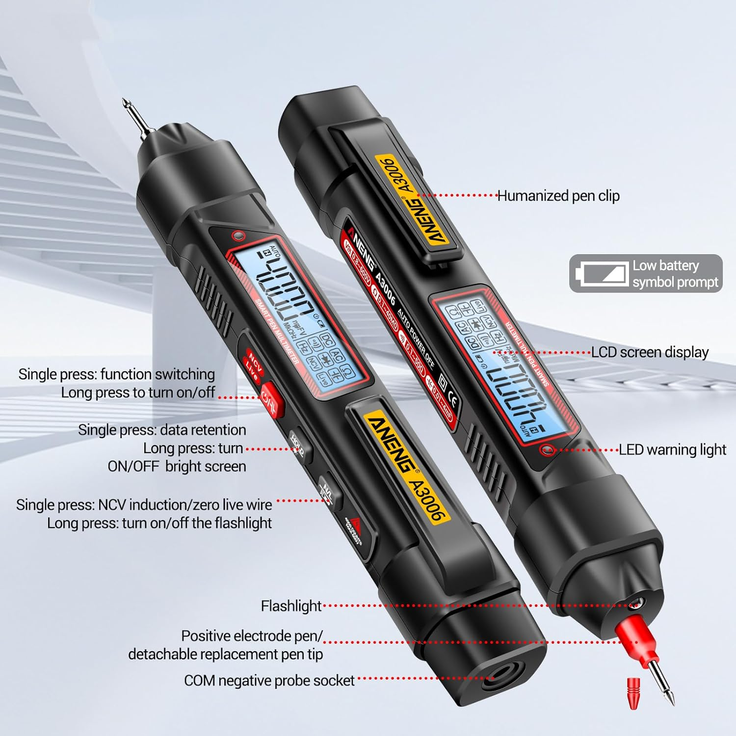 FUNFANG A3006 Pen Type Digital Multimeter 4000 Count AC/DC Voltage Tester Zero Fire Line Detector Resistance Capacitance and Diode Testing Electric Tools Standard Configuration image number 6