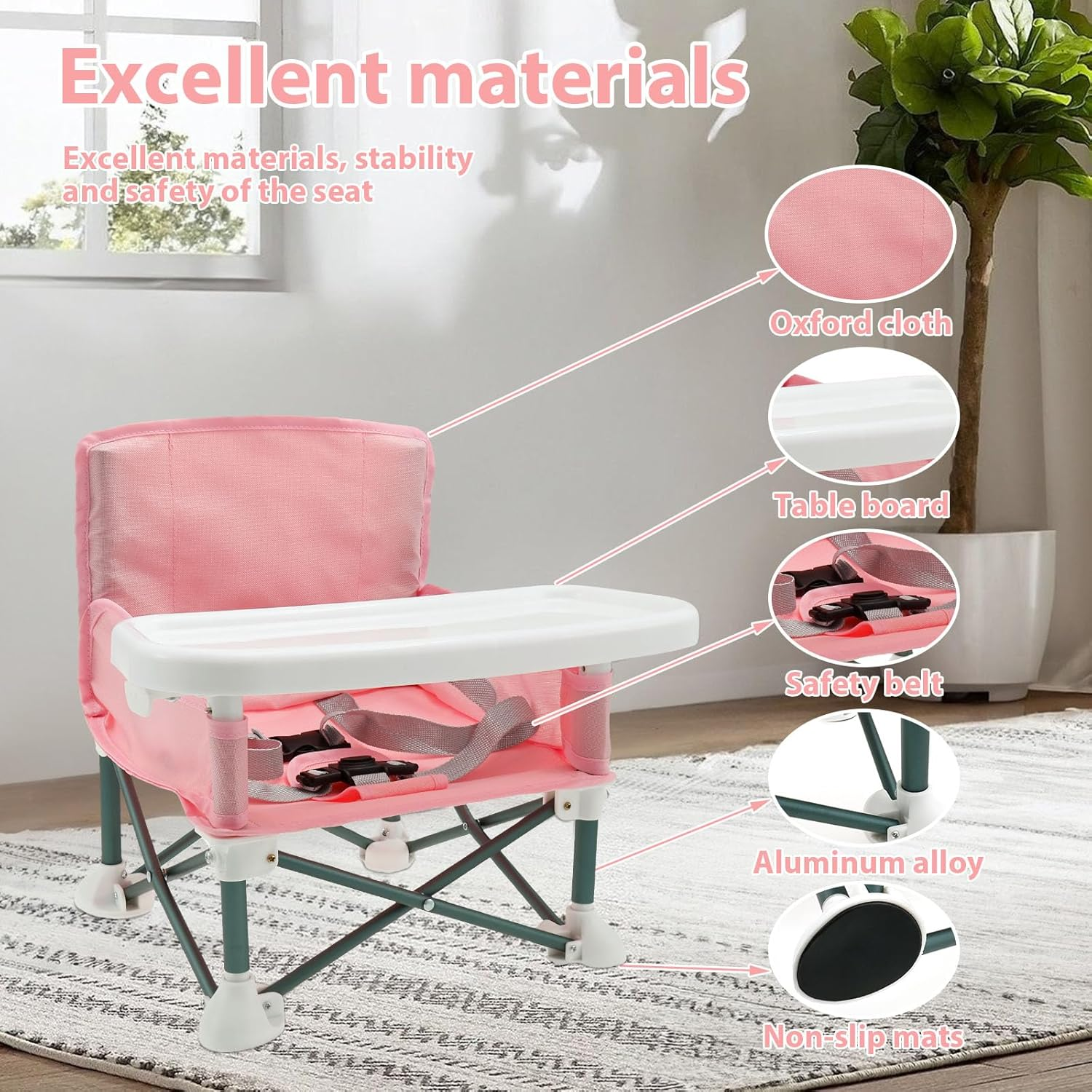 Baby Booster Seat Highchair, Portable Toddler Booster Seat High Chair with Child Safety Belt and Rear Storage Pocket Foldable Baby Floor Seat with Removable Feeding Tray for Indoor and Outdoor Use (Pink) - Grey image number 4