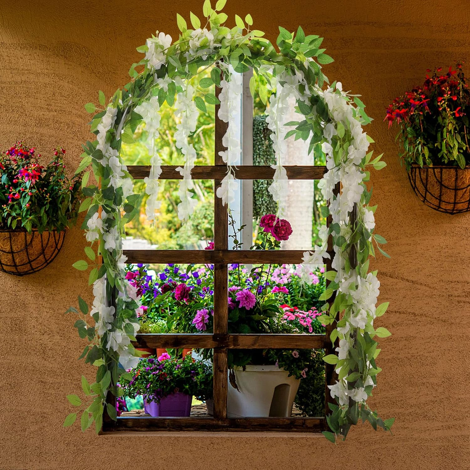 4 Strands of Wisteria Artificial Flowers Garland, Total 7.6 Meter White Artificial Wisteria Vine Silk Hanging Flower for Home Garden Outdoor Ceremony Wedding Arch Floral Decor image number 3