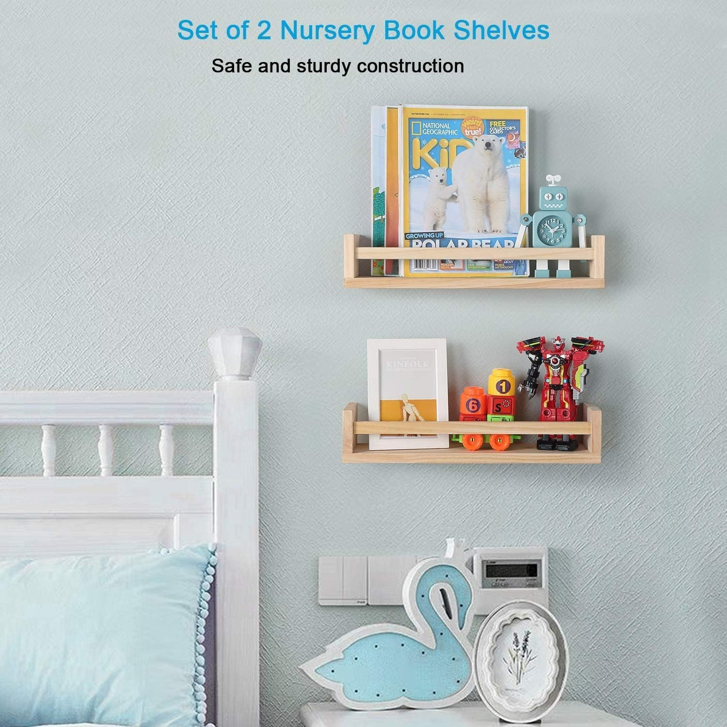 Floating Nursery Book Shelves, 2 Pack Wood Floating Shelves for Kids Room, Small Wood Book Shelf Wall Mounted for Baby Teen Boys Girls, Toy and Decor Storage for Bedoom (Beige) image number 1