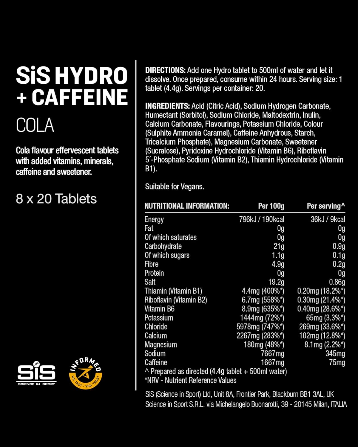 SIS Hydro Electrolyte Tablets - Zero Sugar, Vegan & Gluten-Free Hydration Supports Endurance Energy Drink - Cola Flavour - 20 Effervescent Tablets, 8 Bottles image number 4