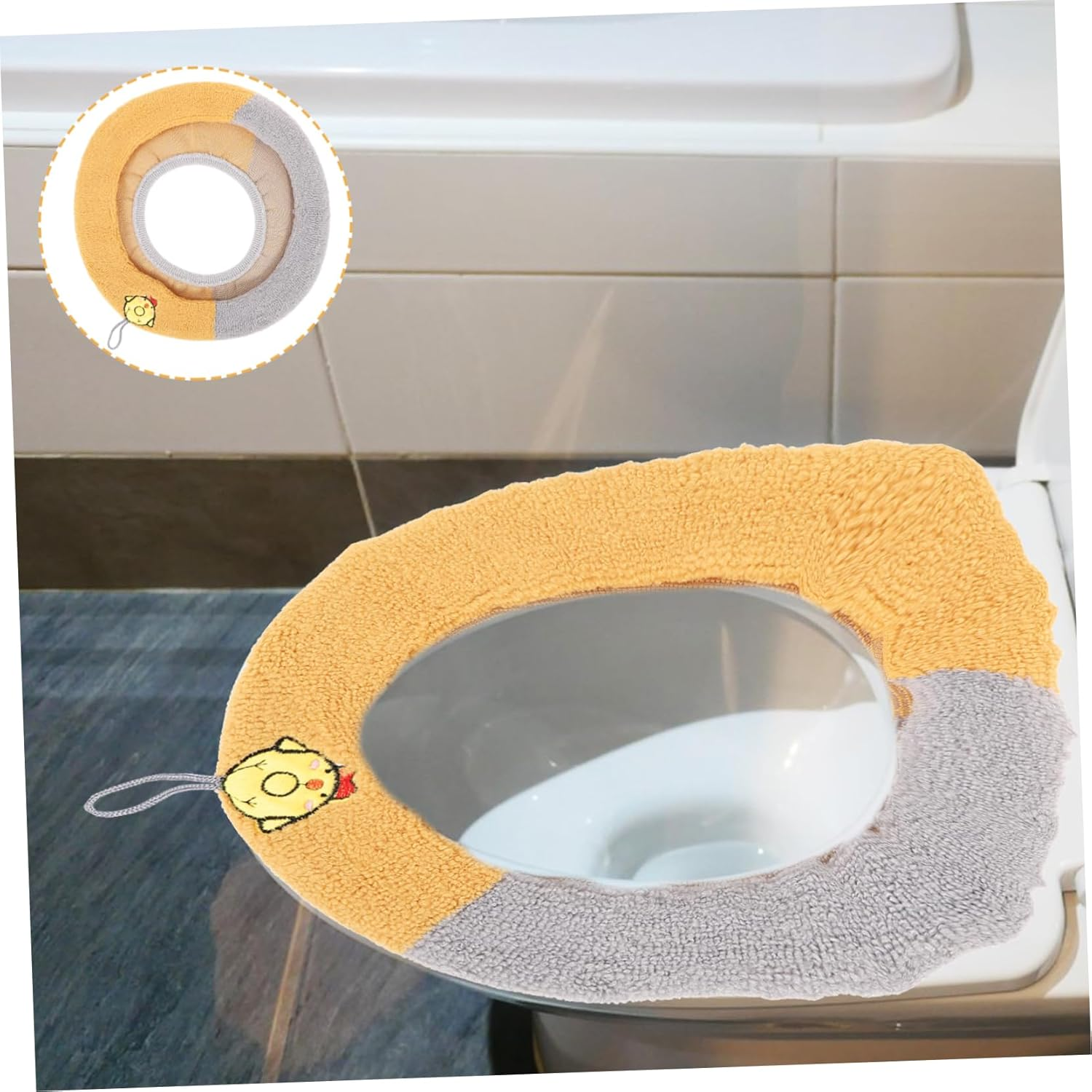 DOITOOL Toilet Seat Cushion Cover Thickened Washable Bathroom Pad Handle Breathable and Comfortable Toilet Seat Warmer Fit for Grey Yellow image number 6