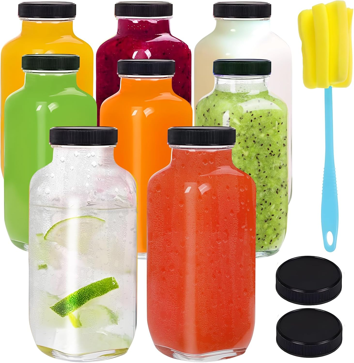 Fayrvind 8 Pack Glass Juice Bottles, 350Ml Wide Mouth Smoothies Bottle, 12Oz Clear Drinking Jar for Water Milk Beverage Kombucha, Reusable Juice Container with 10 Lids and Brush image number 4
