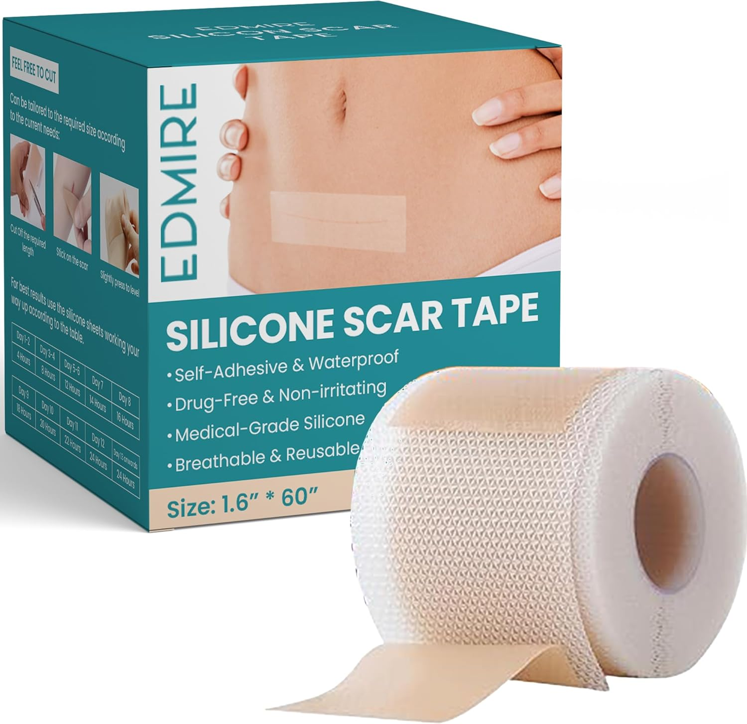 Edmire Silicone Scar Tape &ndash; Soft Reusable Scar Sheets for Surgical Scars, C-Section, Keloid & Burn Marks &ndash; Gentle, Breathable & Waterproof Scar Strips (1.6&rdquo; &times; 60&rdquo; Roll &ndash; 1.5 M, Skin Tone)