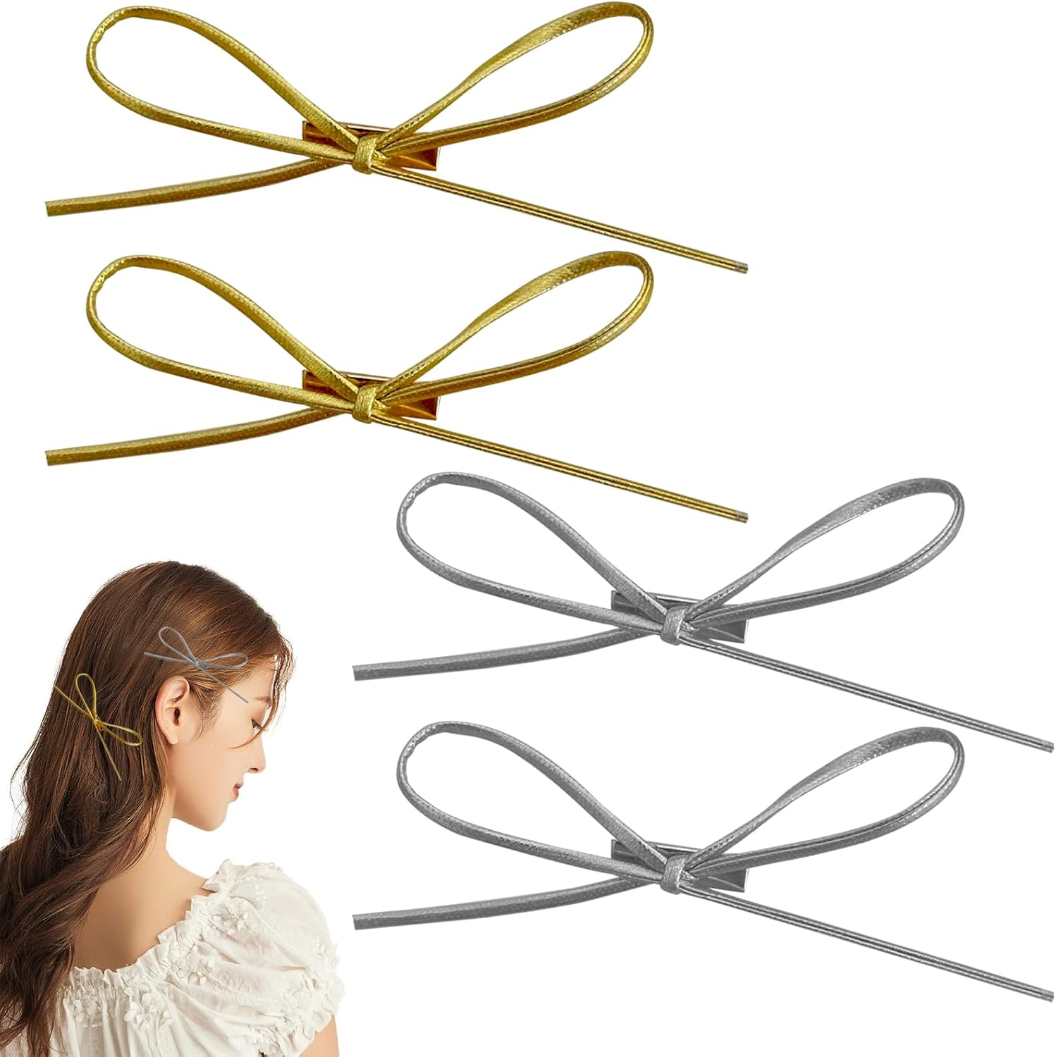 ASOMI Set of 4 Simple Fashionable Hair Pins with Leather Bow, Vintage Y2K Style, Charming Hair Accessories Set for Women and Girls (Gold, Silver) image number 6