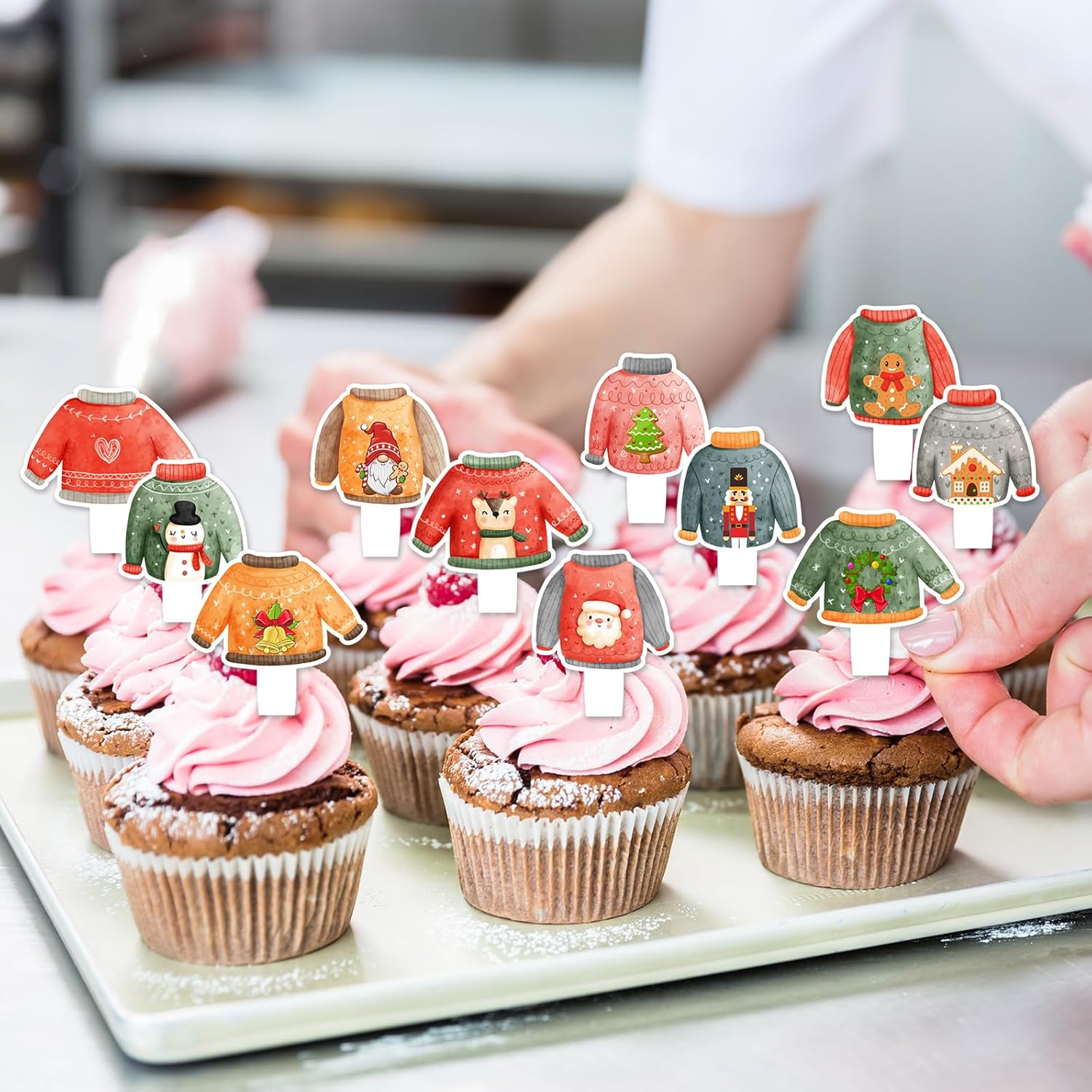 24Pcs Ugly Sweater Cupcake Toppers Set Winter Christmas Holiday Party Ugly Sweater Decorations for Boys and Girls Birthday Party, Baby Shower Party Hohoho Decorations, Birthday Gifts for Kids.Liangss image number 4