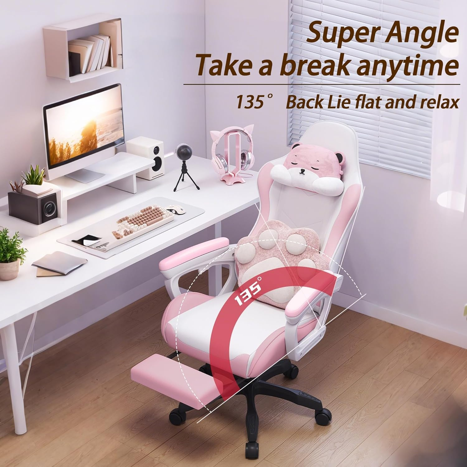 Blissfuldestiny Kawaii Gaming Chair with Retractable Footrest, Pink and White Bear Design, 120 X 70 X 52 Cm (Faux Leather, Black) image number 1
