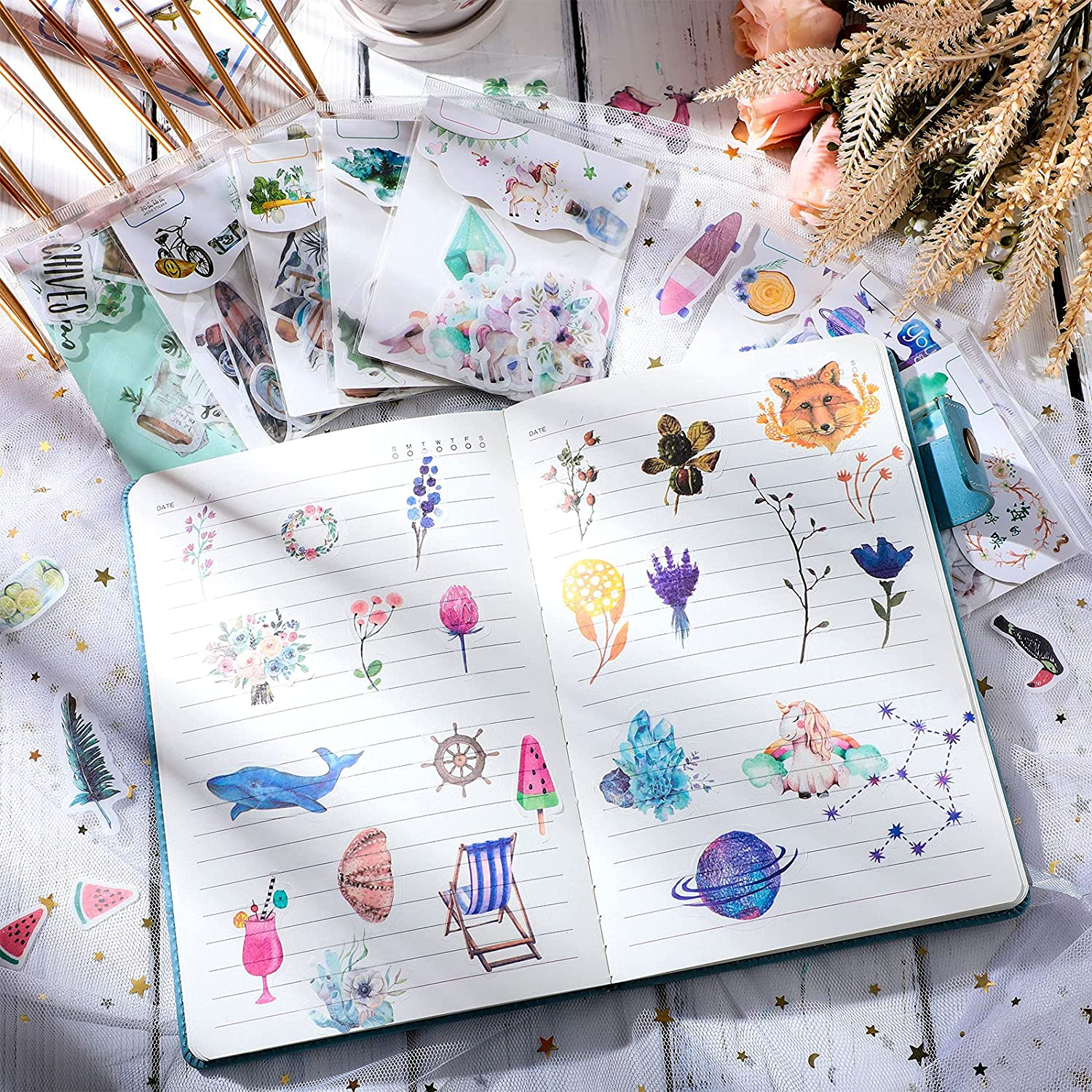 Outus 640 Pieces Watercolor Various Theme Stickers Pretty Scrapbook Stickers Including Four Seasons Forest Flower Animal the Sea for DIY Scrapbook Planners Calendars Travel Case Laptop (Warm Style)