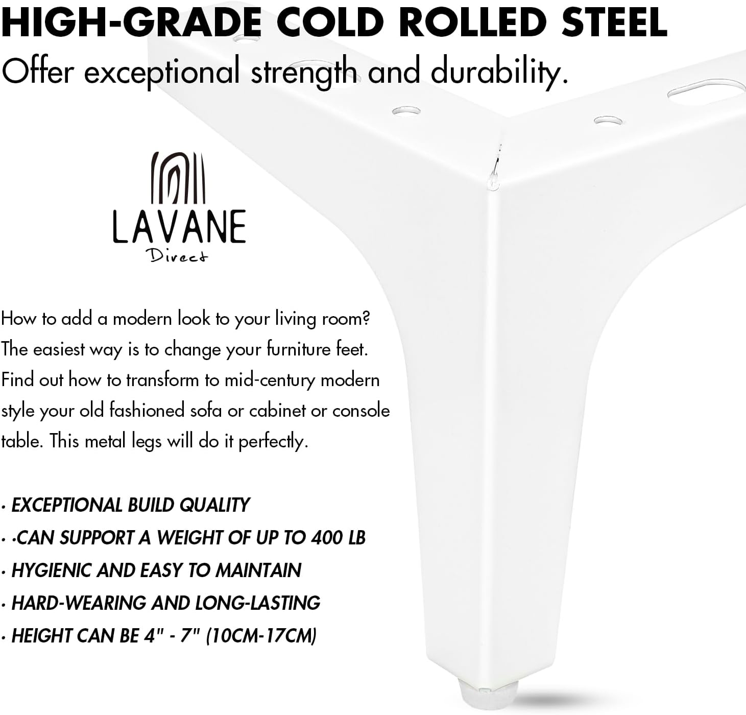 La Vane 5 Inch / 13Cm Metal Furniture Legs, Set of 4 - Modern Diamond Triangle White DIY Replacement Feet Corner Legs for Cabinet, Sofa, Sideboard, Couch, Dresser Makeover image number 5