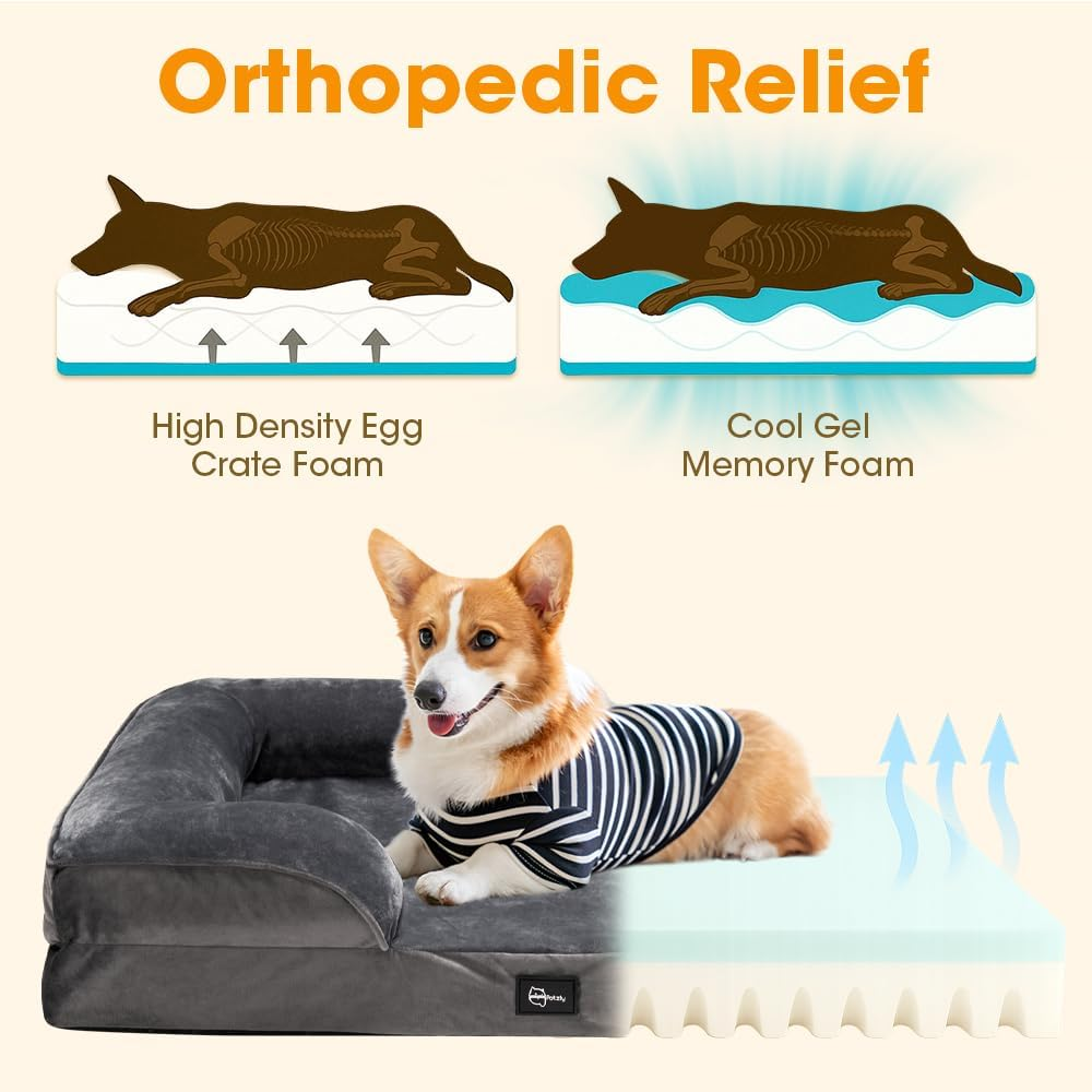 Petzly Orthopedic Dog Bed with Sides &ndash; Soft Dog Sofa Bed for Small & Medium Dogs with Plush Egg-Crate Foam, Removable Washable Cover, Medium(71X58X18Cm), Grey image number 5