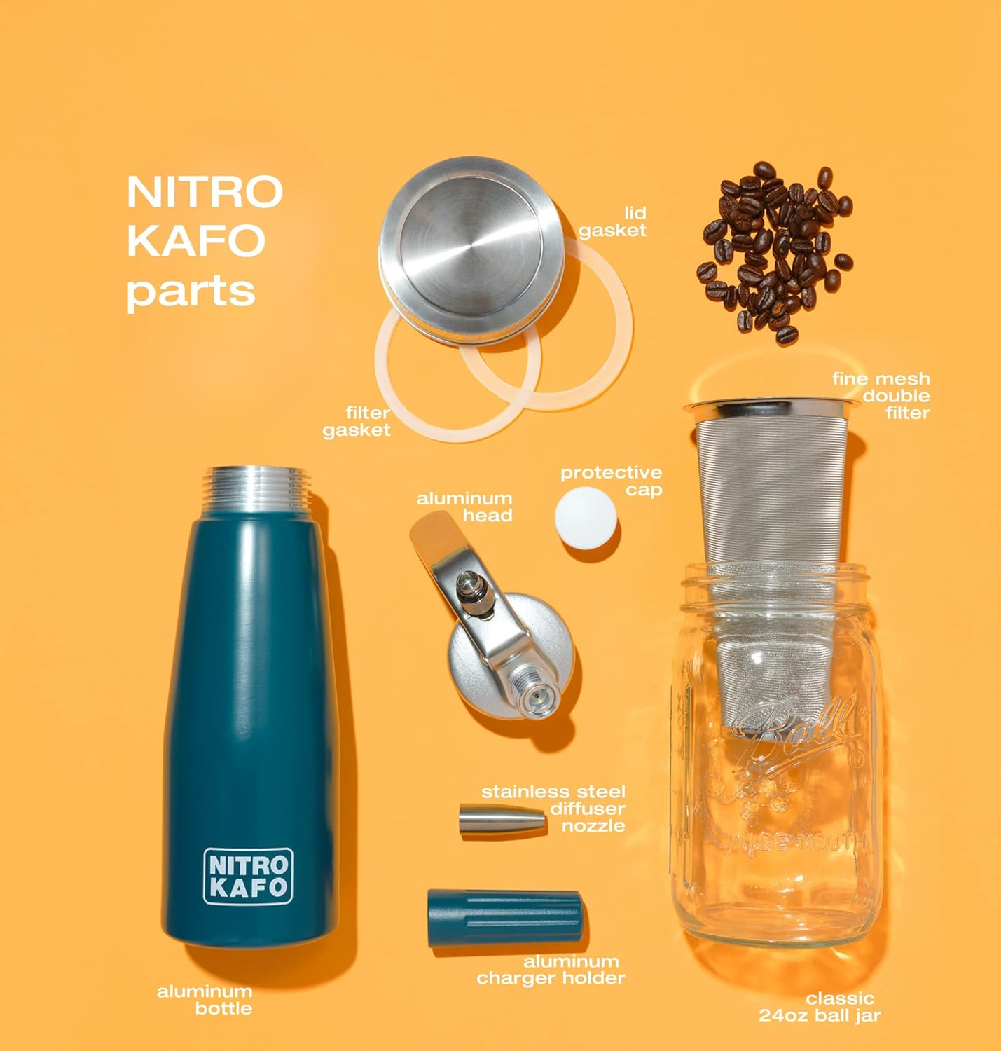 Impeccable Culinary Objects (ICO) NITRO KAFO 0.5L Coffee Maker - Aluminum Cold Brew Maker with Special Nitro Diffuser Nozzle and Mason Jar, 1 Pint/0.5L