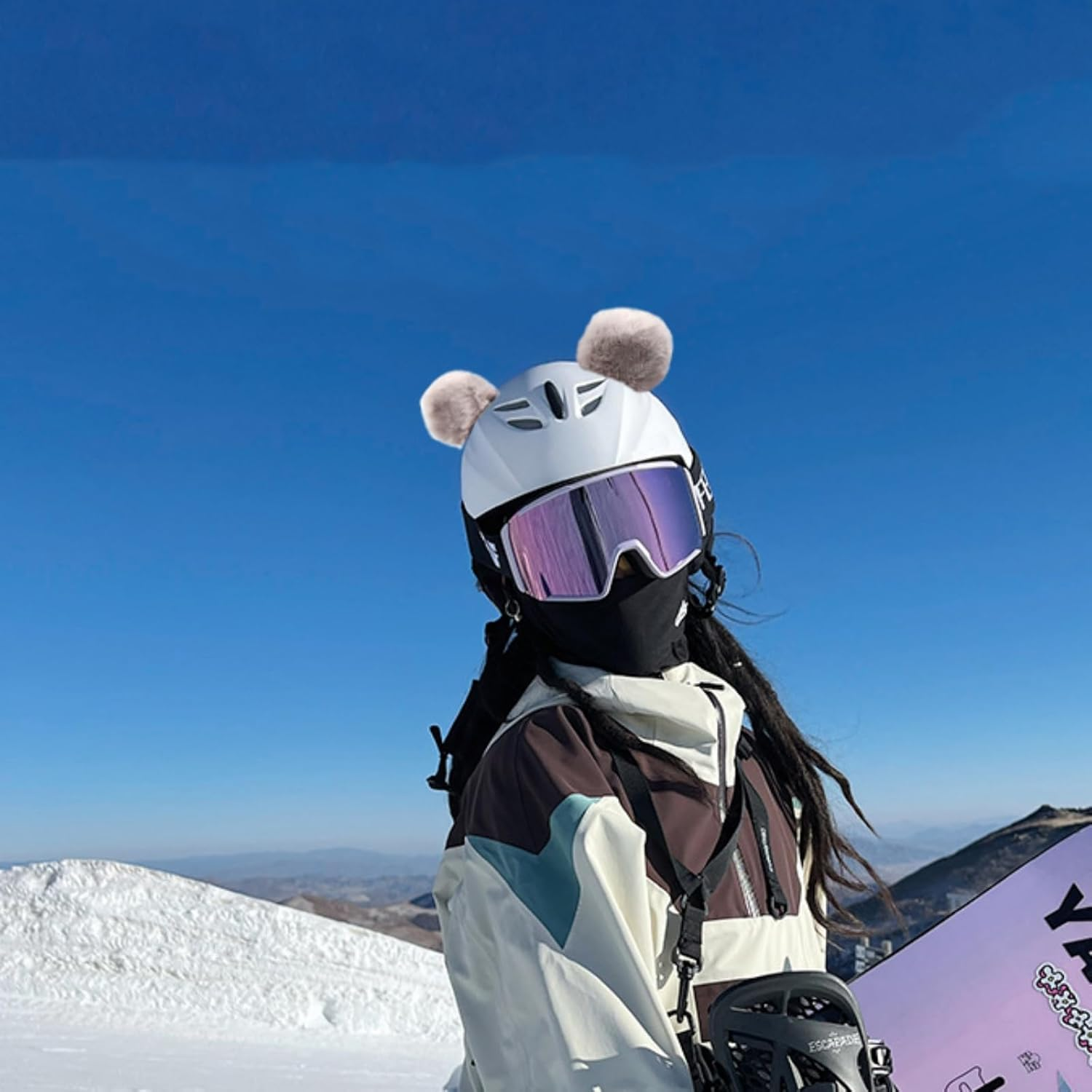 1 Pair Cute Bear Ear Motocycle Helmet Decor with Sticker Plush Fuzzy Ski Helmet Accessory Decoration image number 2