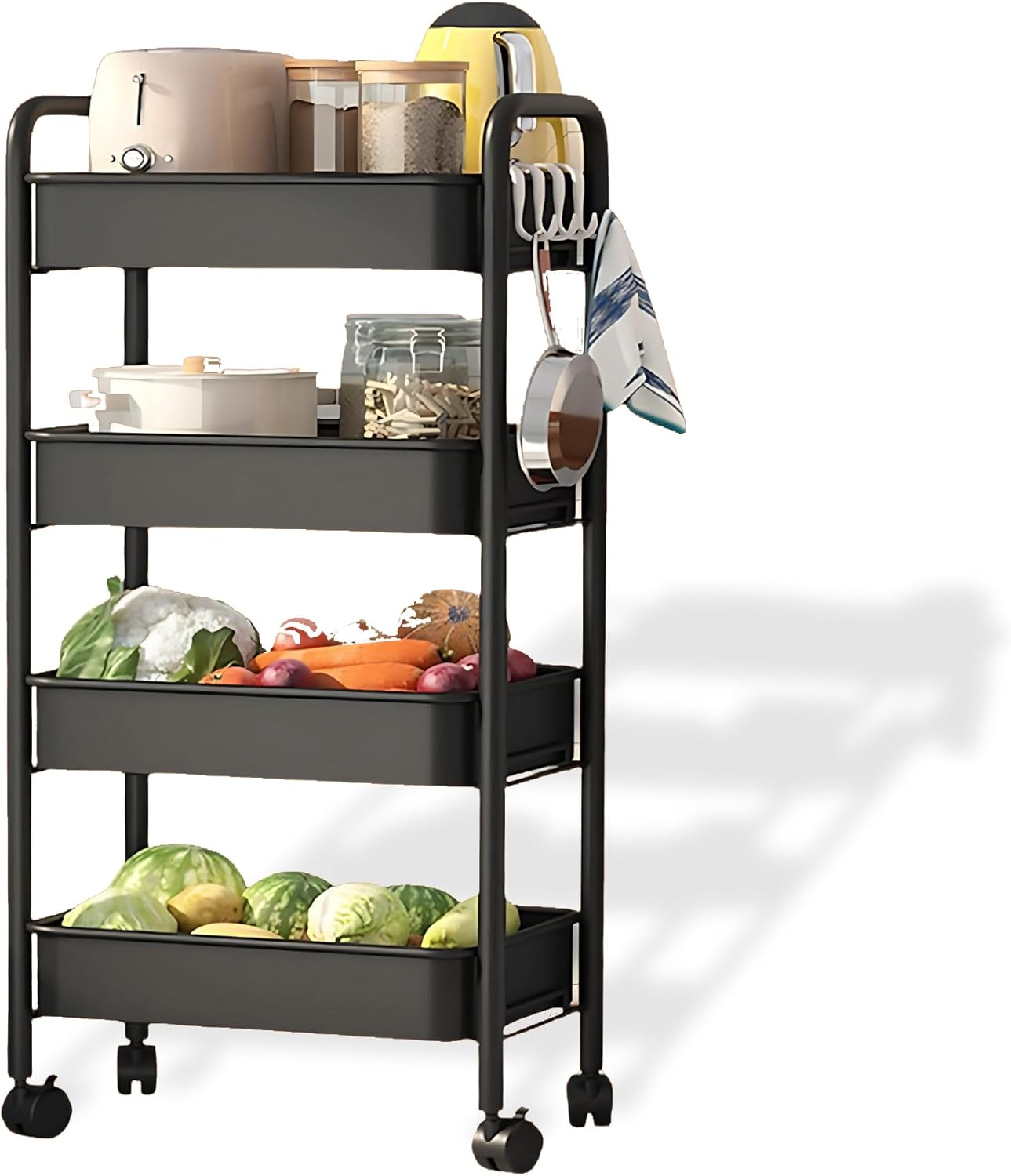 Opal Abode - 4-Layer Storage Trolley with Lockable Wheels &ndash; Slim Rolling Utility Cart Organizer for Kitchen, Bathroom, Office & Laundry &ndash; Mobile Storage Rack with 4 Tiers &ndash; Space Saving Shelf Unit.