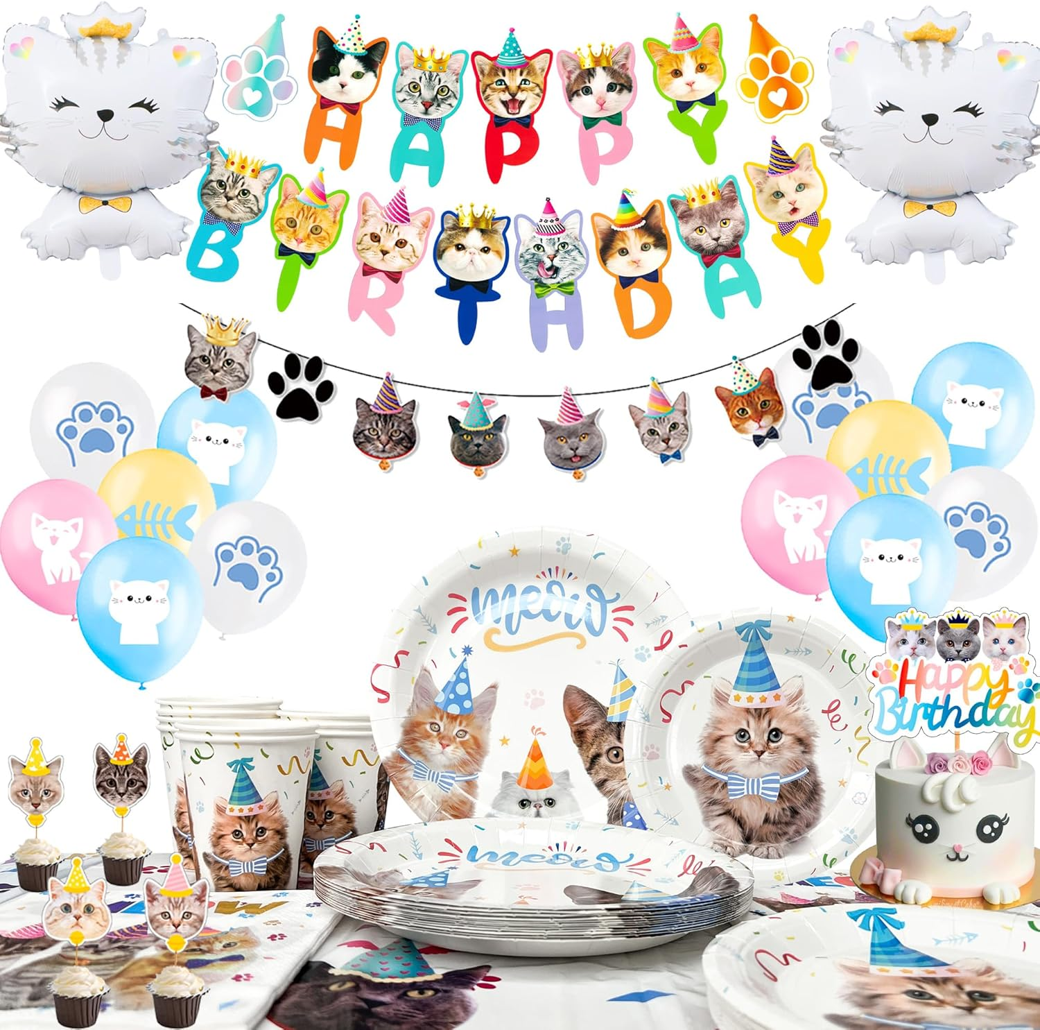 Cat Birthday Party Supplies, 16 Guests Cat Birthday Decorations Tableware Set, Kitten Party Plates Napkins Tablecloth Banner Balloons Etc image number 1