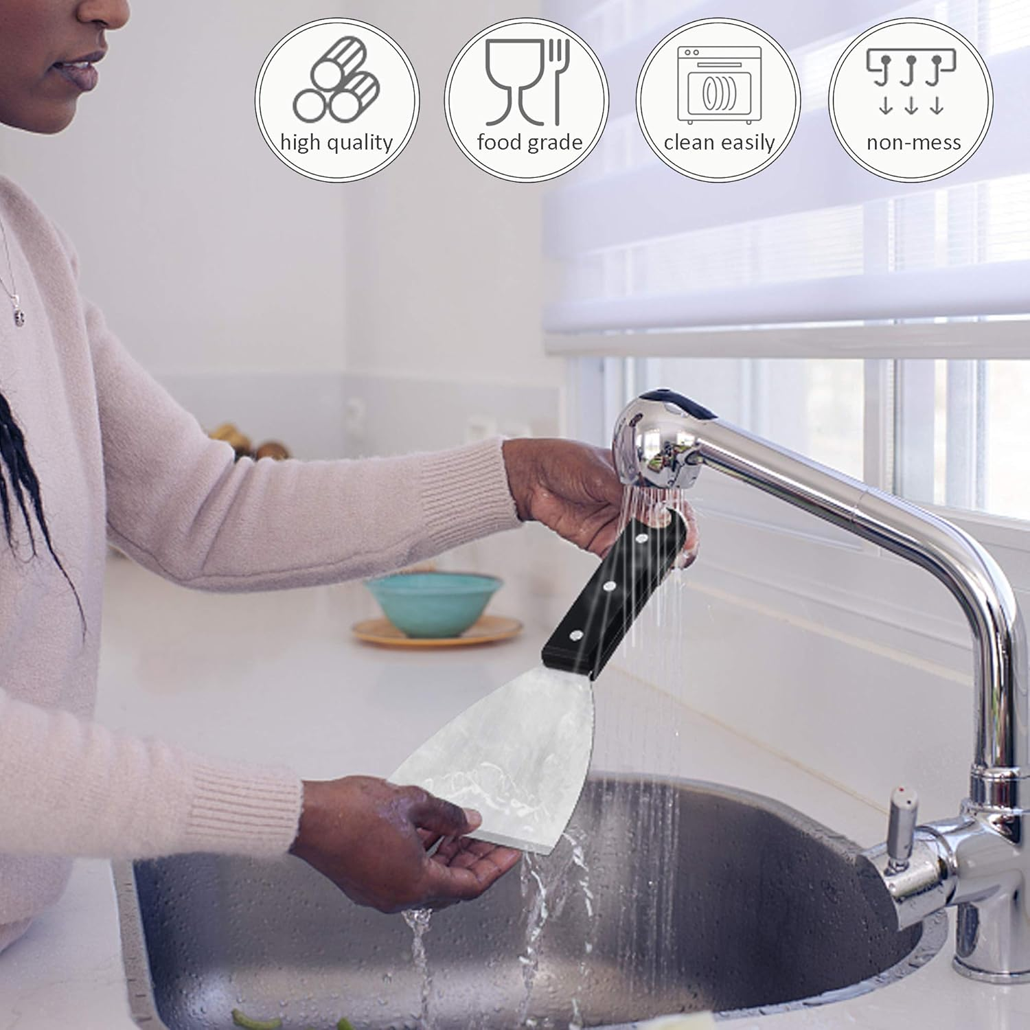 Hasteel Griddle Scraper 2Pcs, Stainless Steel 9.5In Slant Edge Metal Grill Scraper Chopper for Food Service & Cleaning Supplies, Perfect for Teppanyaki Flat Top BBQ Indoor & Outdoor, Dishwasher Safe - Abs Handle image number 5