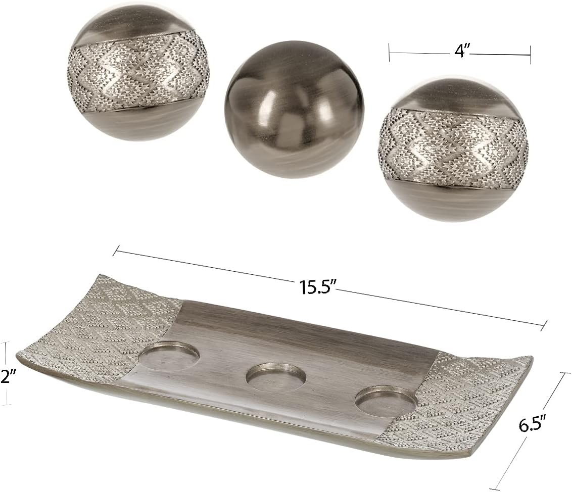 (Brushed Silver) - Dublin Decorative Tray and Orbs/Balls Set of 3, Centrepiece Bowl with Balls Decorations Matching, Rustic Decorated Spheres Kit for Living Room or Dining/Coffee Table, Gift Boxed (Brushed Silver) image number 6