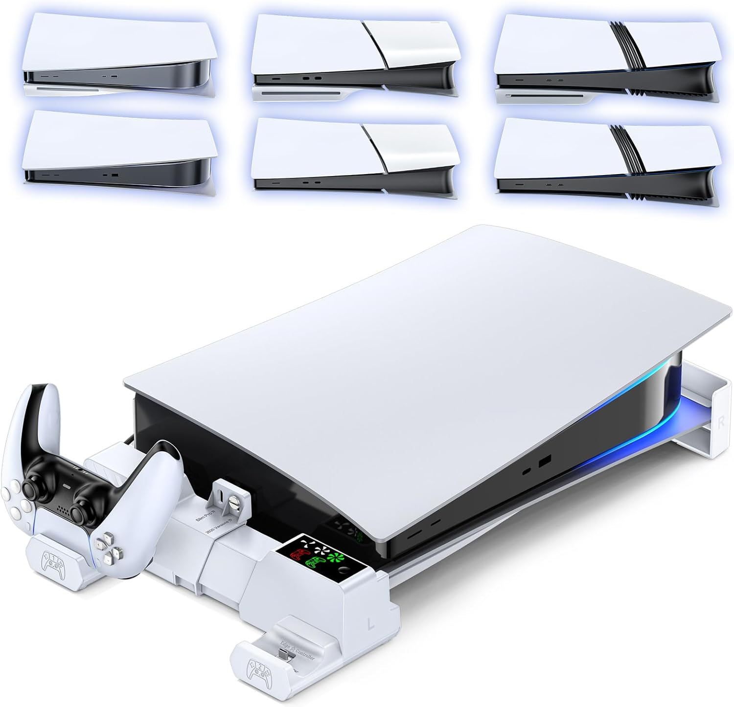 PS 5/Slim/Pro Horizontal Stand with Cooling Fan & PS 5 Controller Charger for Original & Edge Controllers, P S5 Cooling Stand with Scalable Design & EVA Foams for All P S5 Disc & Digital Console, White image number 6