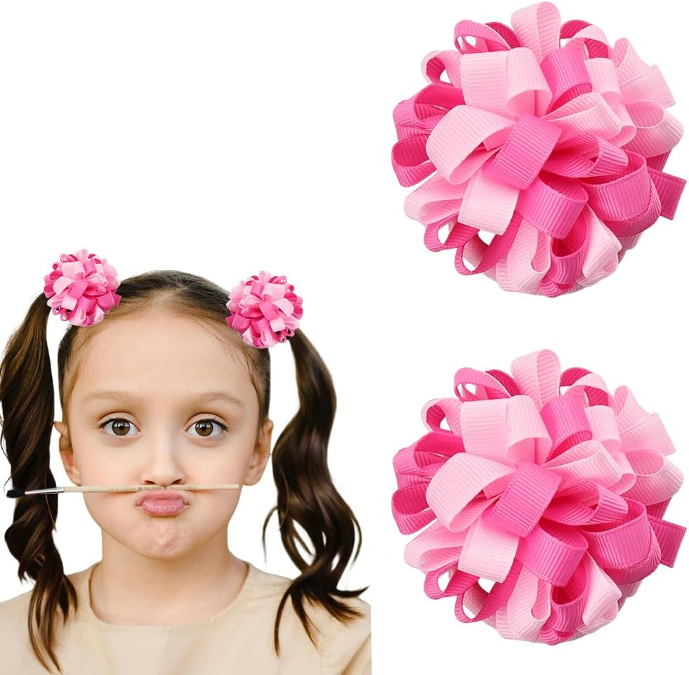 2 PCS Curly Korker Hair Bows Ties Elastic Pink Hair Ribbons Ties for Kids Girls Cute Cheerleading Hair Rubber Bands Boutique Hair Ponytail Holders for Long Hair Accessories, Pink image number 1