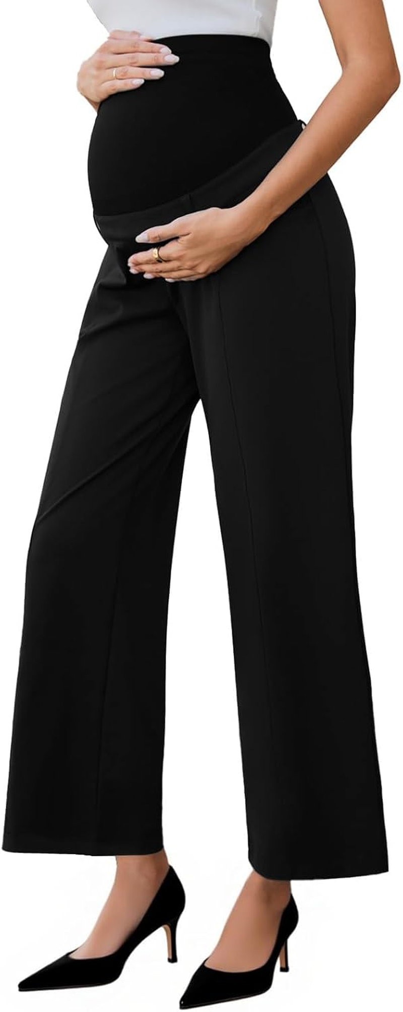 Ecavus Women'S Maternity Pants over Belly Skinny Stretchy Work Pants for Women Pregnancy Wide Leg Trousers with Pockets