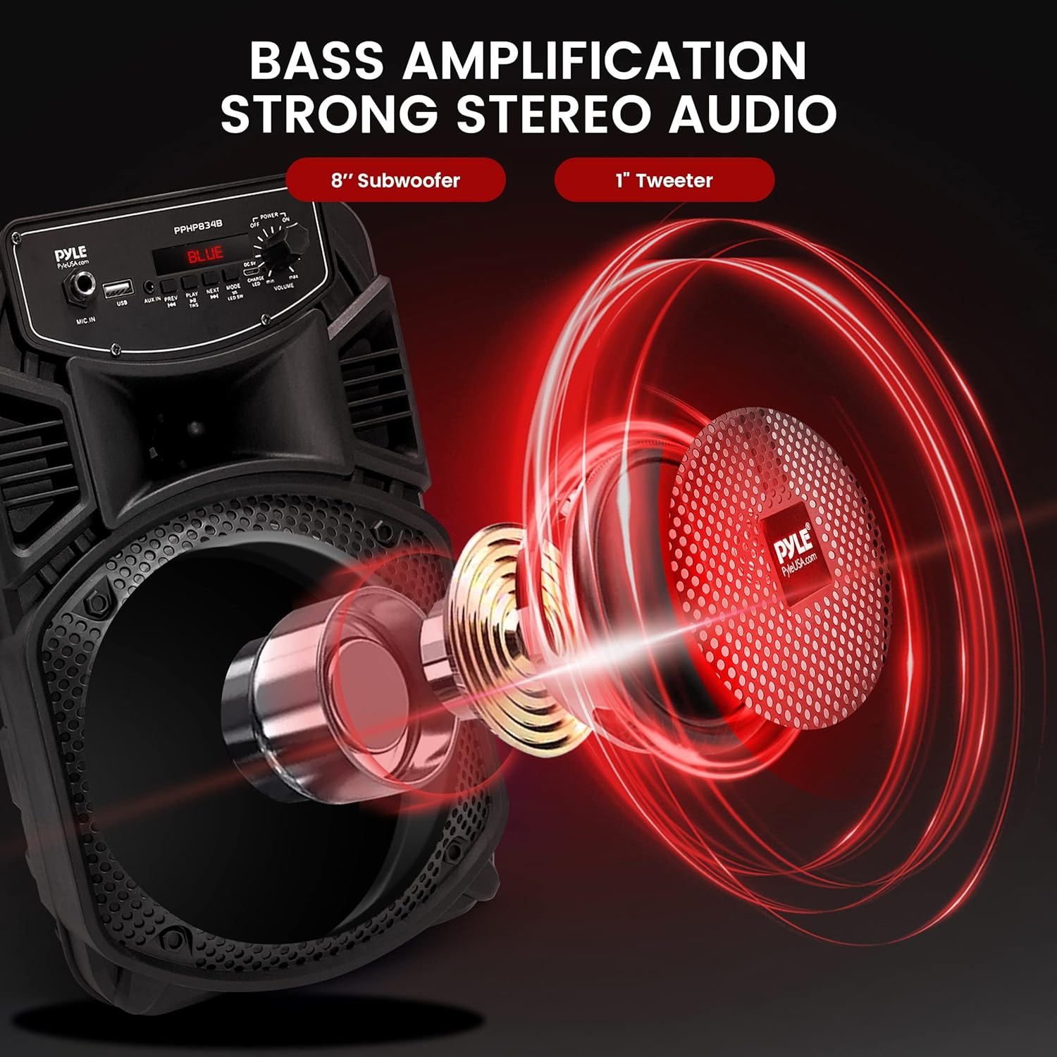 Portable Bluetooth PA Speaker System - 300W Rechargeable Outdoor Bluetooth Speaker Portable PA System W/ 8&rdquo; Subwoofer 1&rdquo; Tweeter, Microphone In, Party Lights, MP3/USB, Radio, Remote - Pyle PPHP834B image number 3